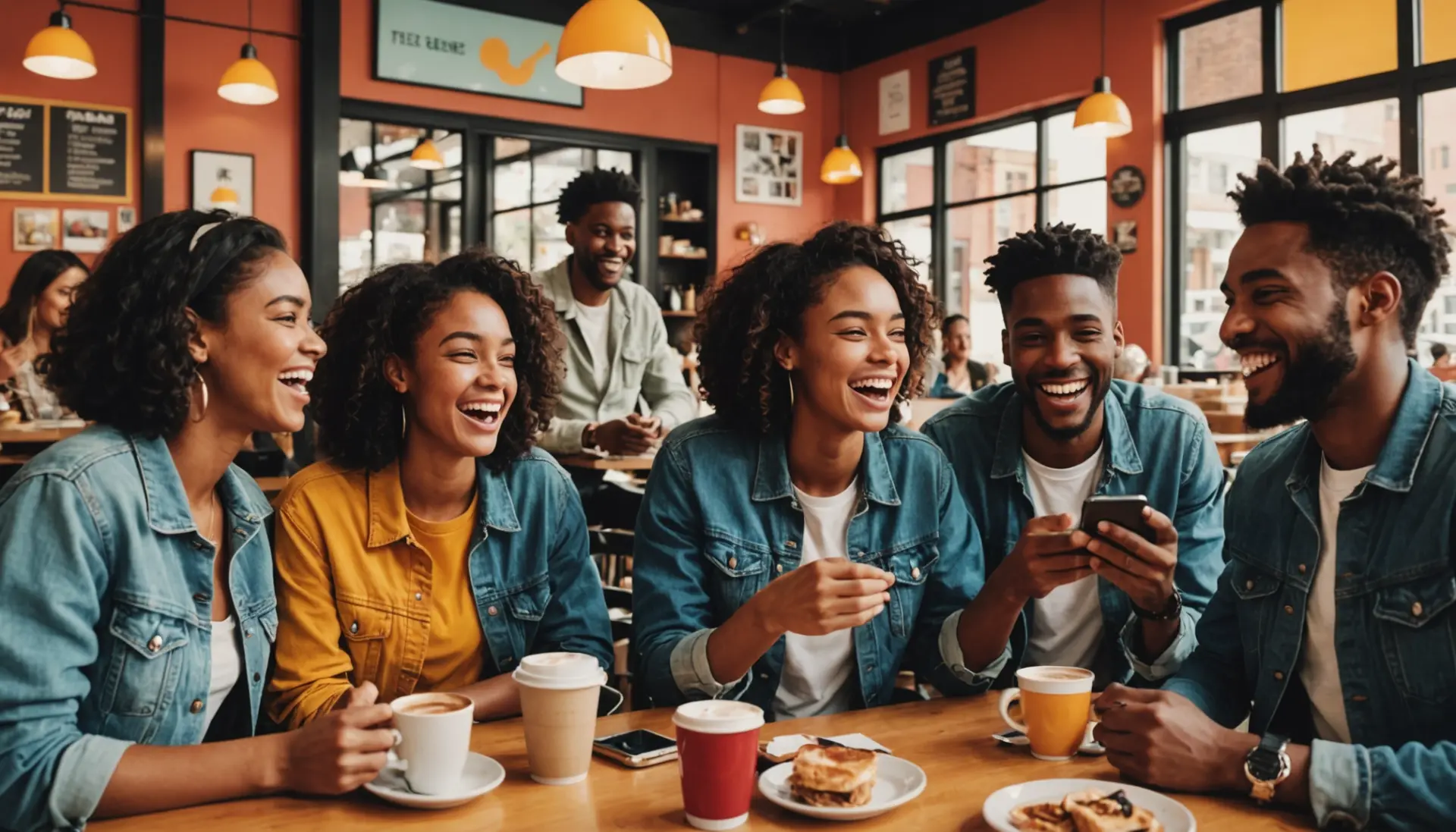 Editorial illustration showing young people captioning a photo with the phrase olga meaning slang