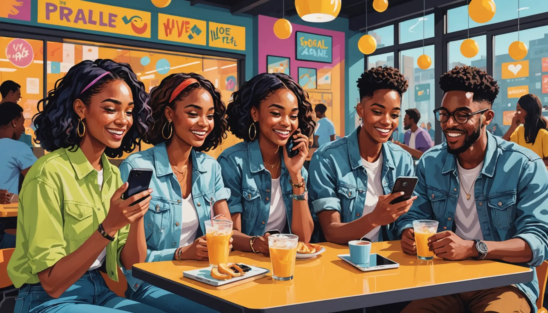 Editorial illustration showing young people using phones with the phrase flax meaning slang floating as icons
