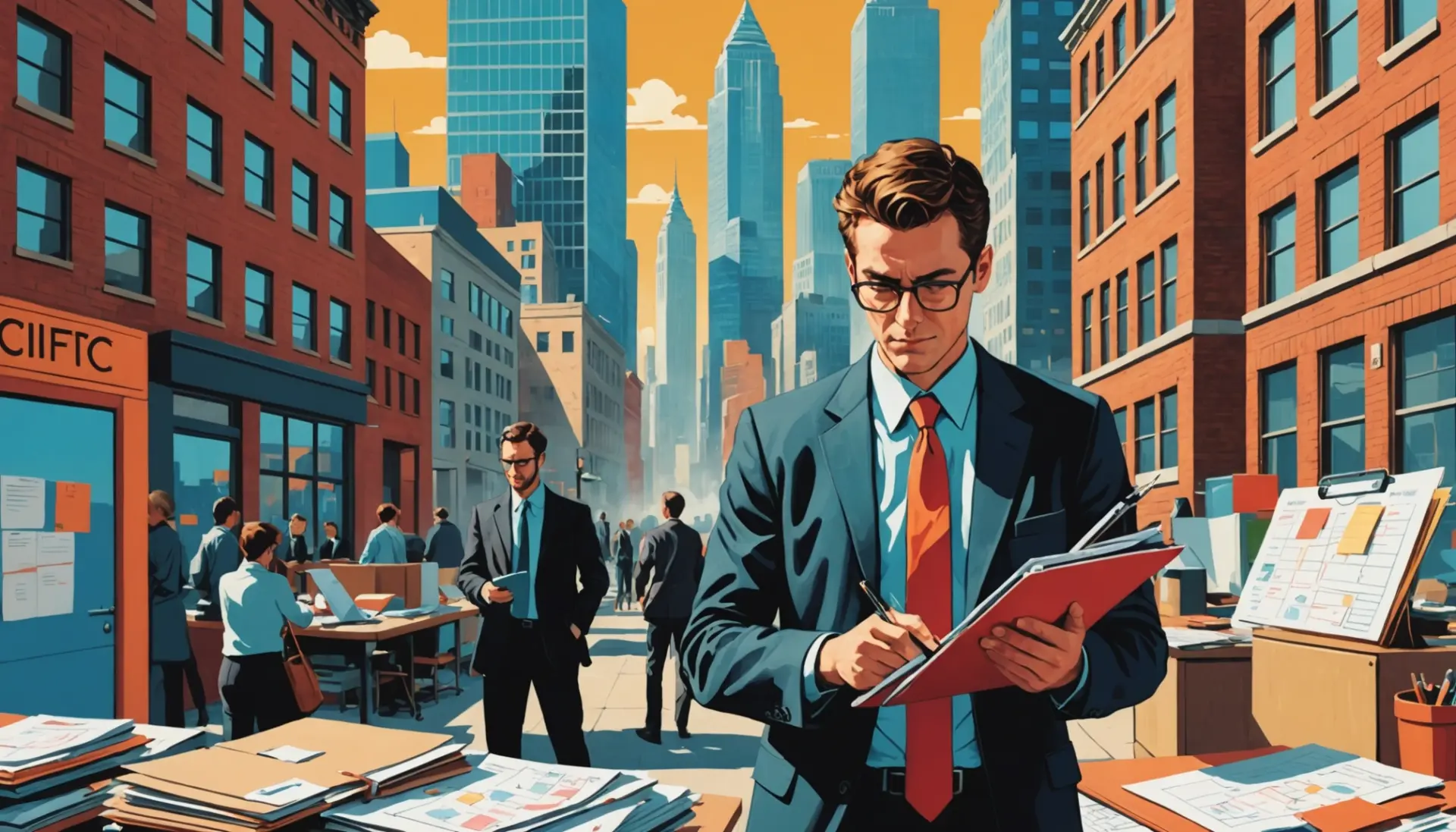 Editorial illustration of a transitional office scene symbolizing 'what does interim mean' with clocks and people passing a baton