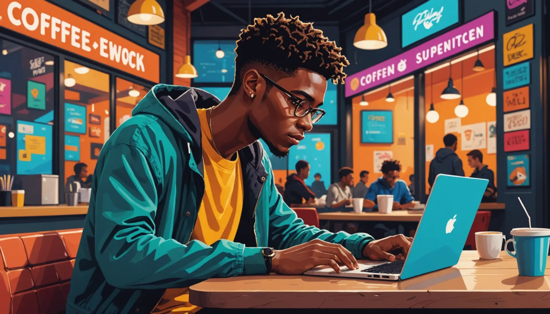 Editorial illustration showing a person searching faggot urban dictionary on a laptop, vibrant scene