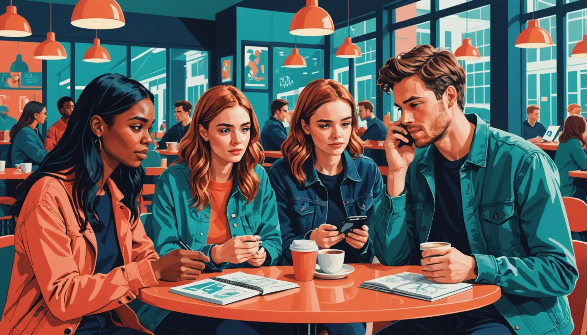 Editorial illustration of young people looking thoughtful with 'asea slang' mood vibes
