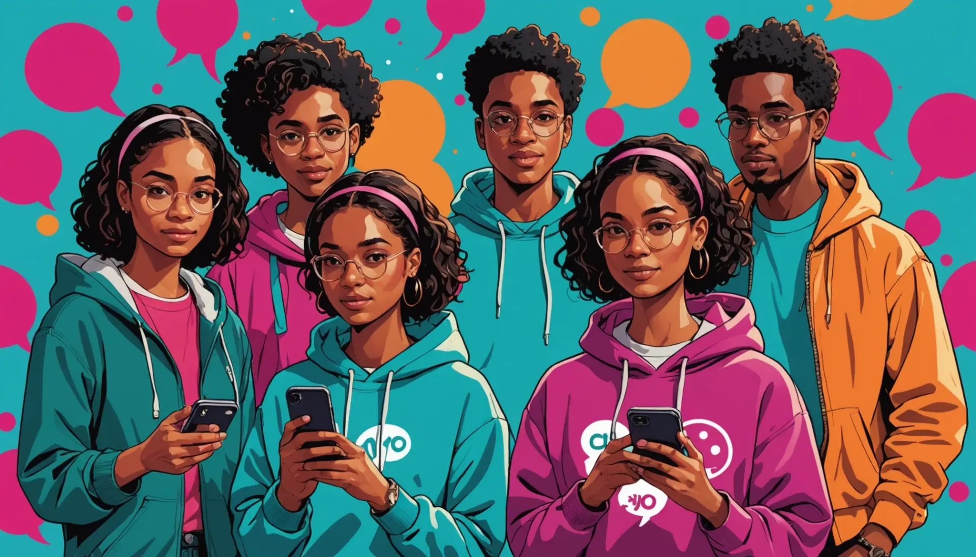 Editorial illustration showing teens texting 'what does eyo mean in text' with chat bubbles and city vibes