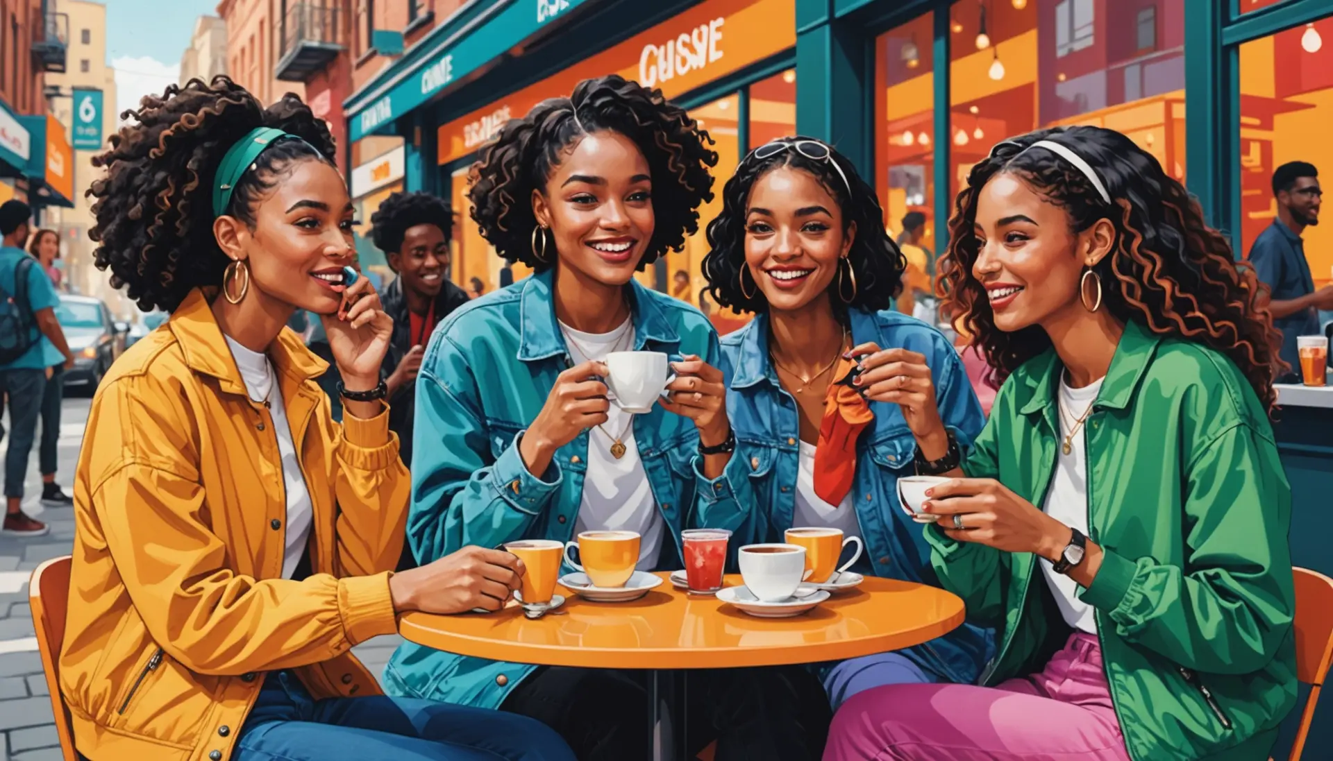 Editorial illustration of friends chatting over coffee about tea slang meaning