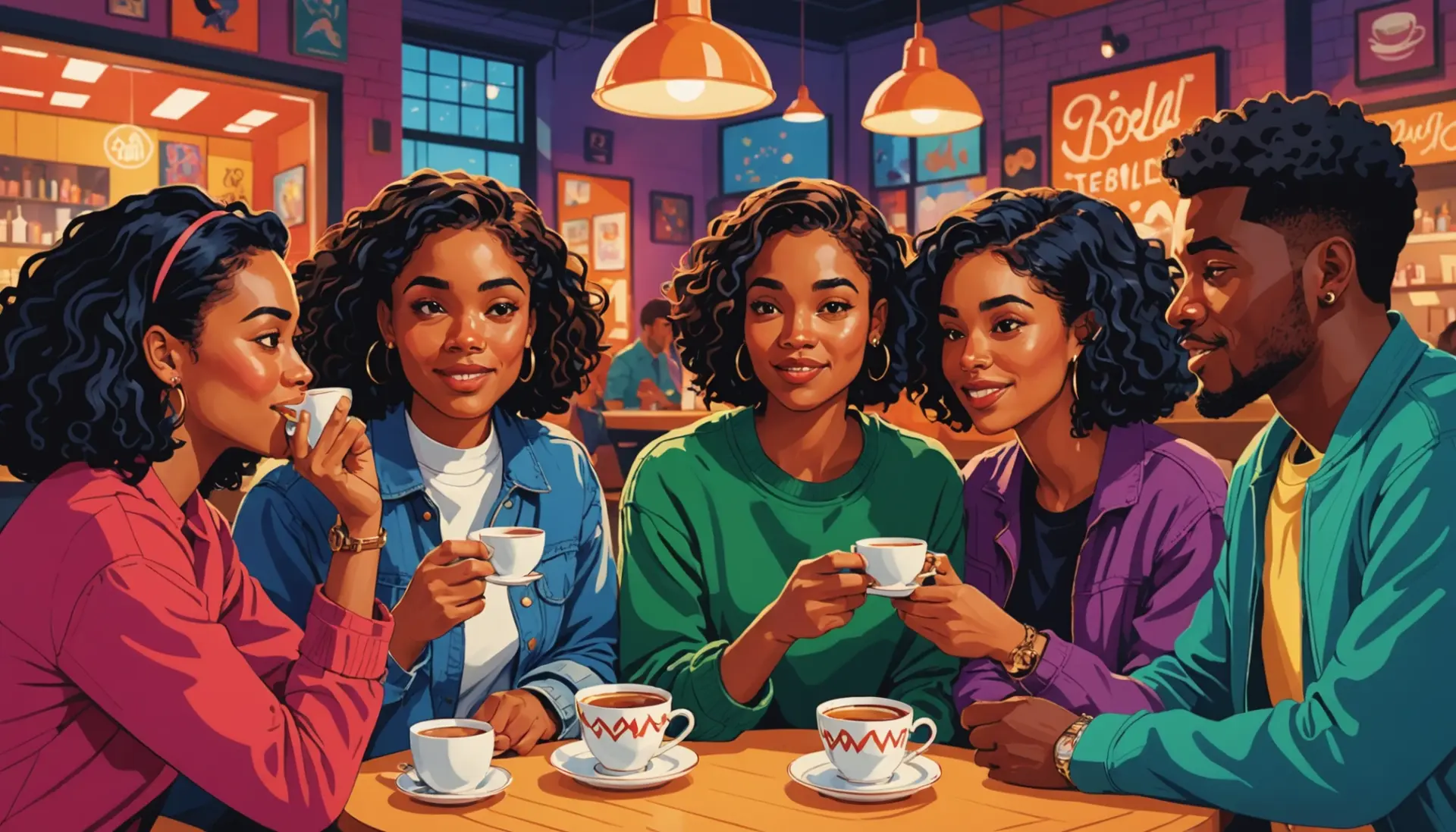 Editorial illustration of diverse people exchanging gossip, highlighting tea slang