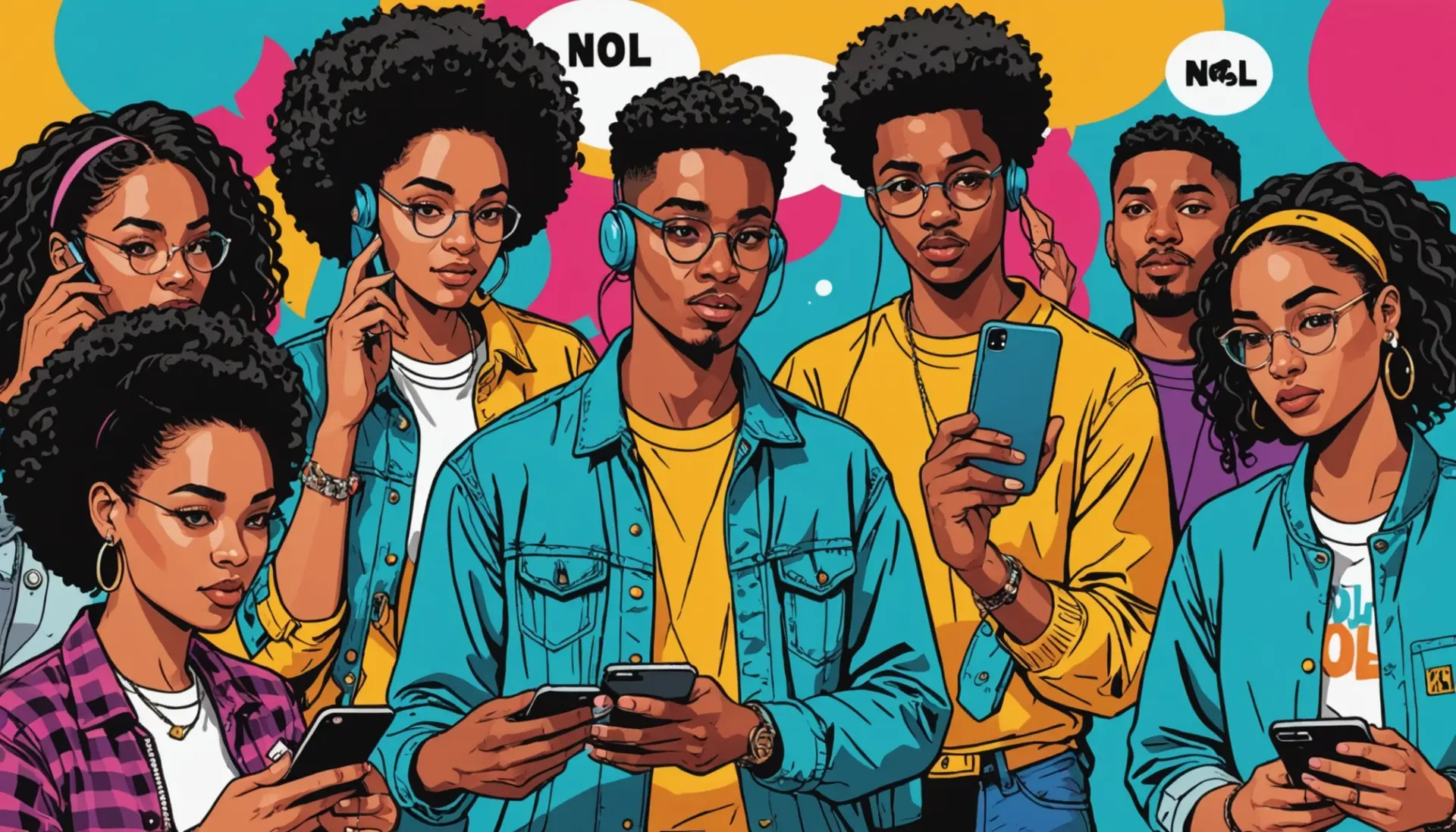 Illustration of people texting with speech bubbles and the phrase ns urban dictionary visible in a bubble