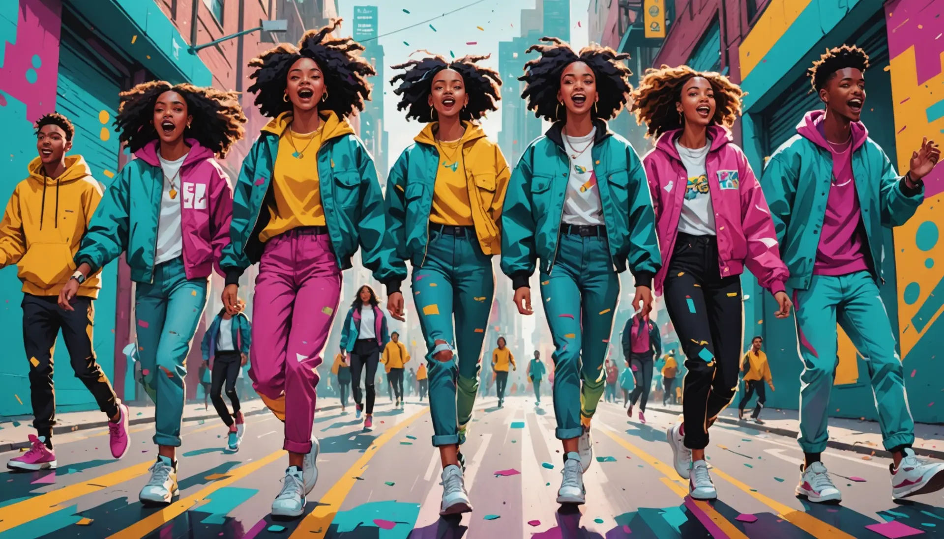 Editorial illustration depicting friends shouting eyooo, showing eyo meaning slang as a lively greeting
