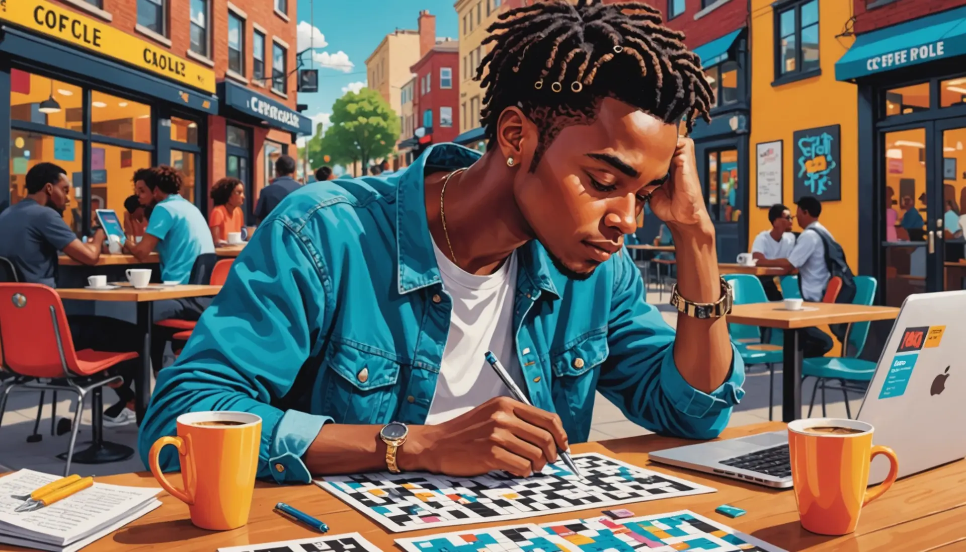Illustration showing a solver looking at a puzzle with the text cops in slang nyt crossword in mind