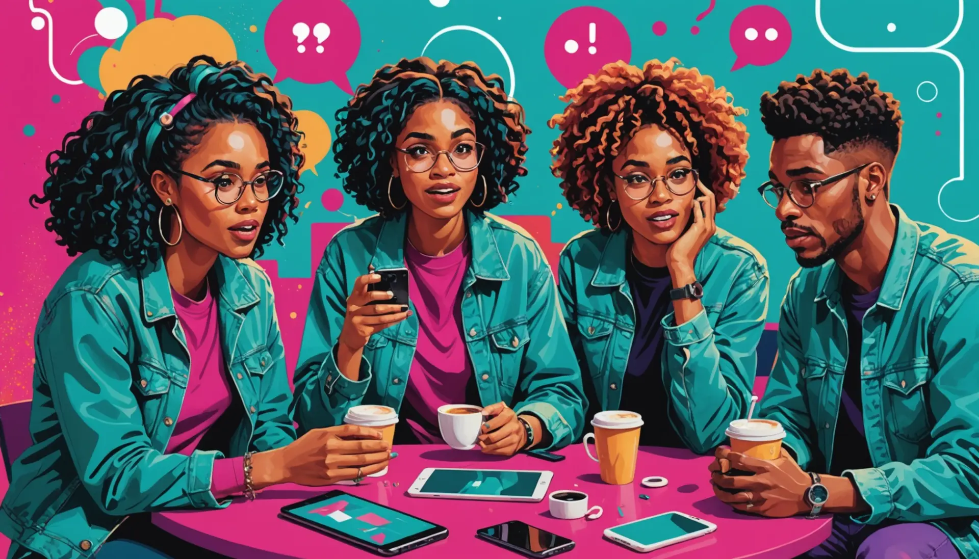 Editorial illustration showing people texting with the phrase what does hml mean in slang visible as context