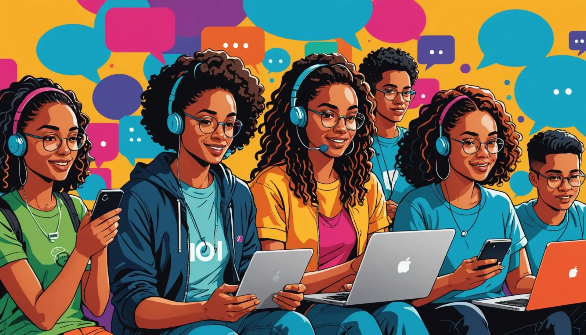 Editorial illustration of people chatting online with the phrase ioi and the words 'ioi urban dictionary' implied
