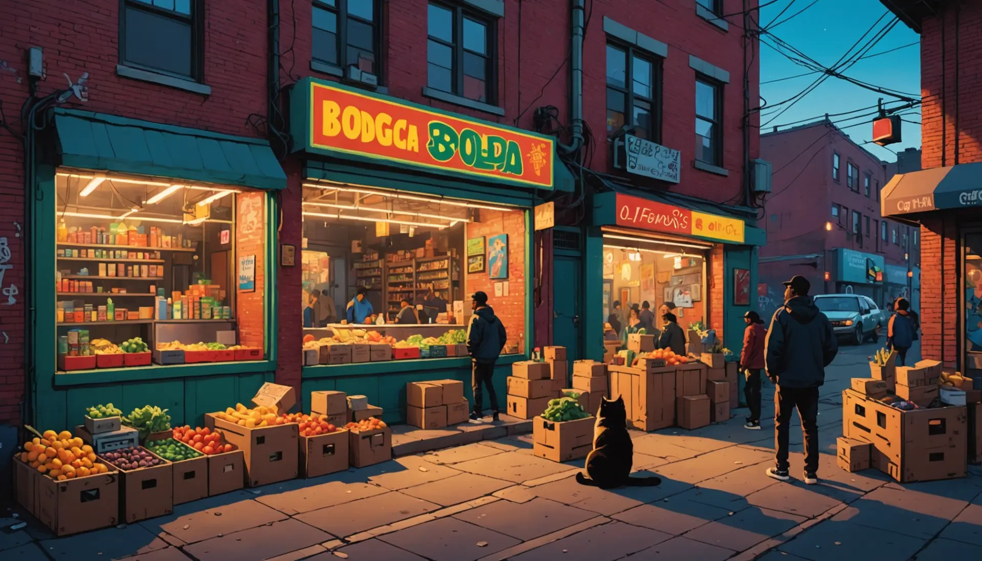 Editorial illustration of a city corner bodega with people, capturing the bodega meaning slang vibe