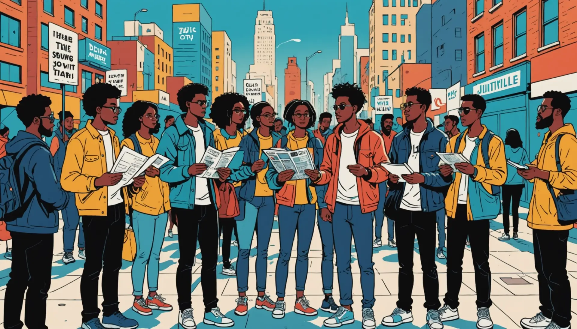 Editorial illustration showing 'cops in slang nyt' theme with a journalist and street speakers