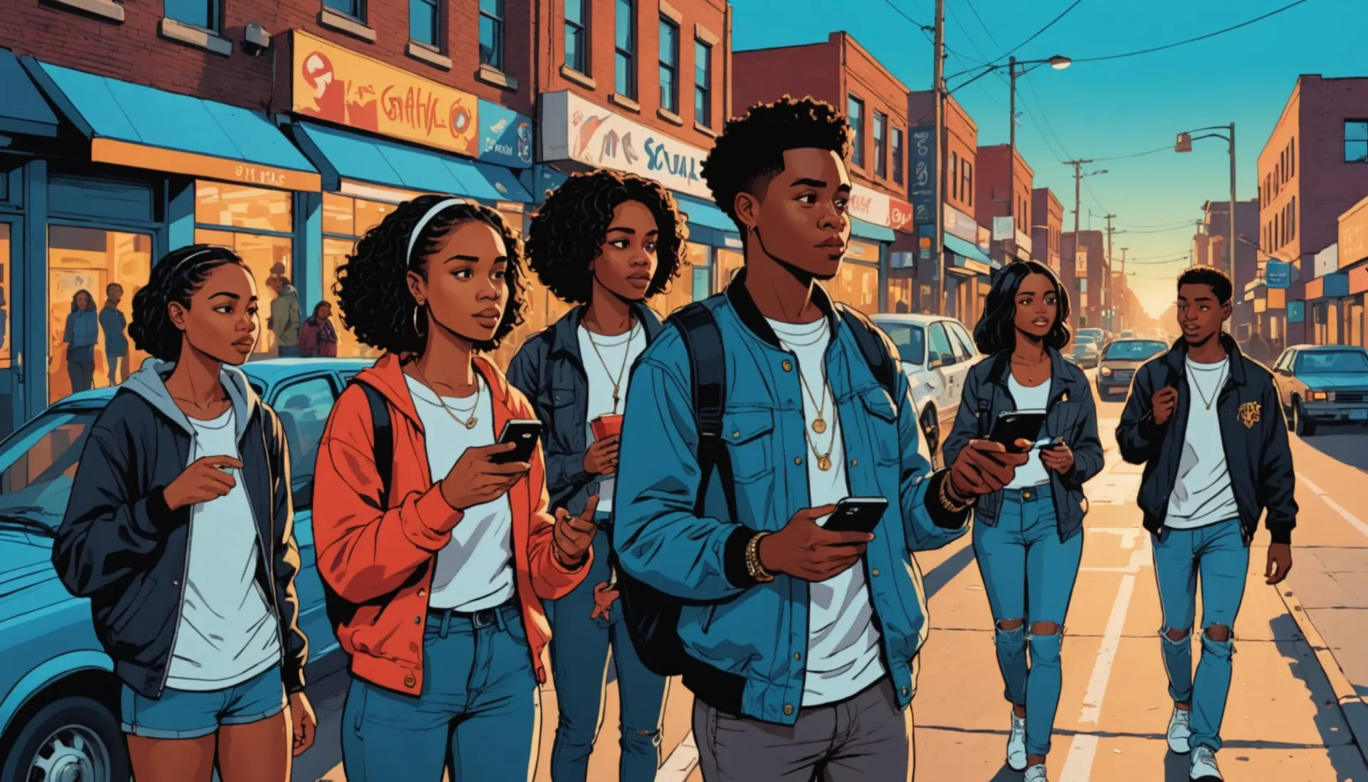 Editorial illustration showing people on a city street using 'cops in slang' expressions