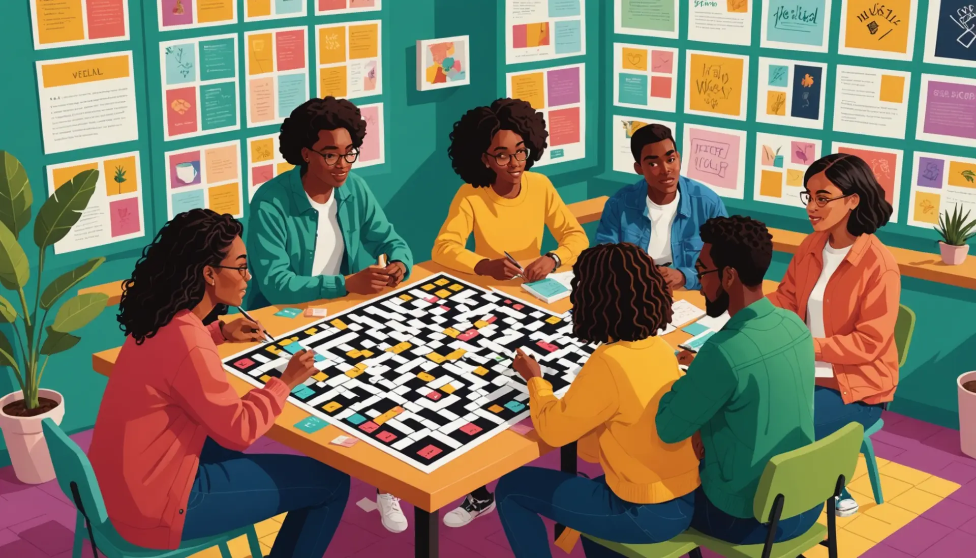 Editorial illustration showing people solving a crossword with the phrase very in slang crossword hinted on a puzzle square