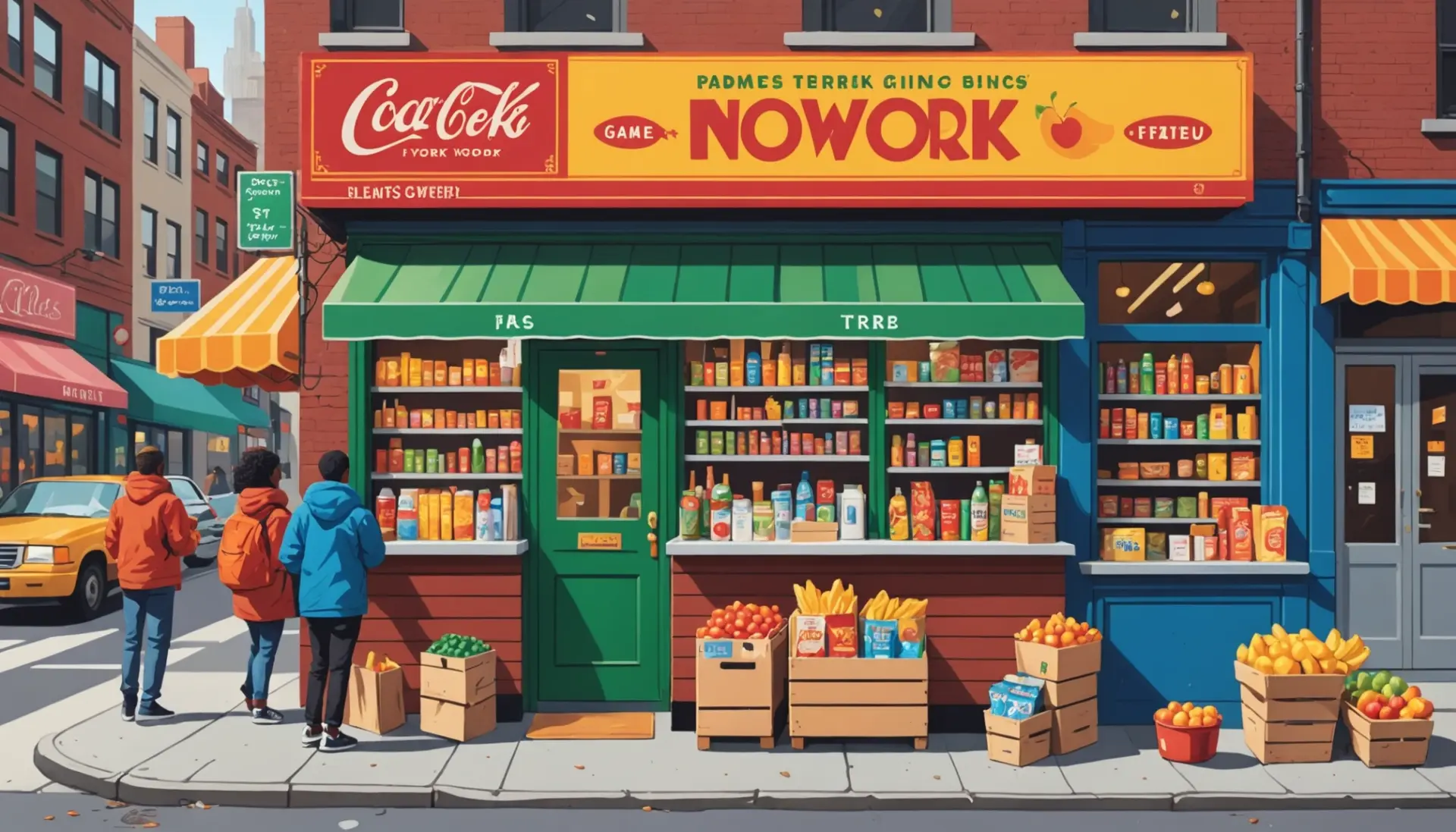 Editorial illustration showing a colorful NYC bodega scene, alt text includes the phrase what does bodega mean