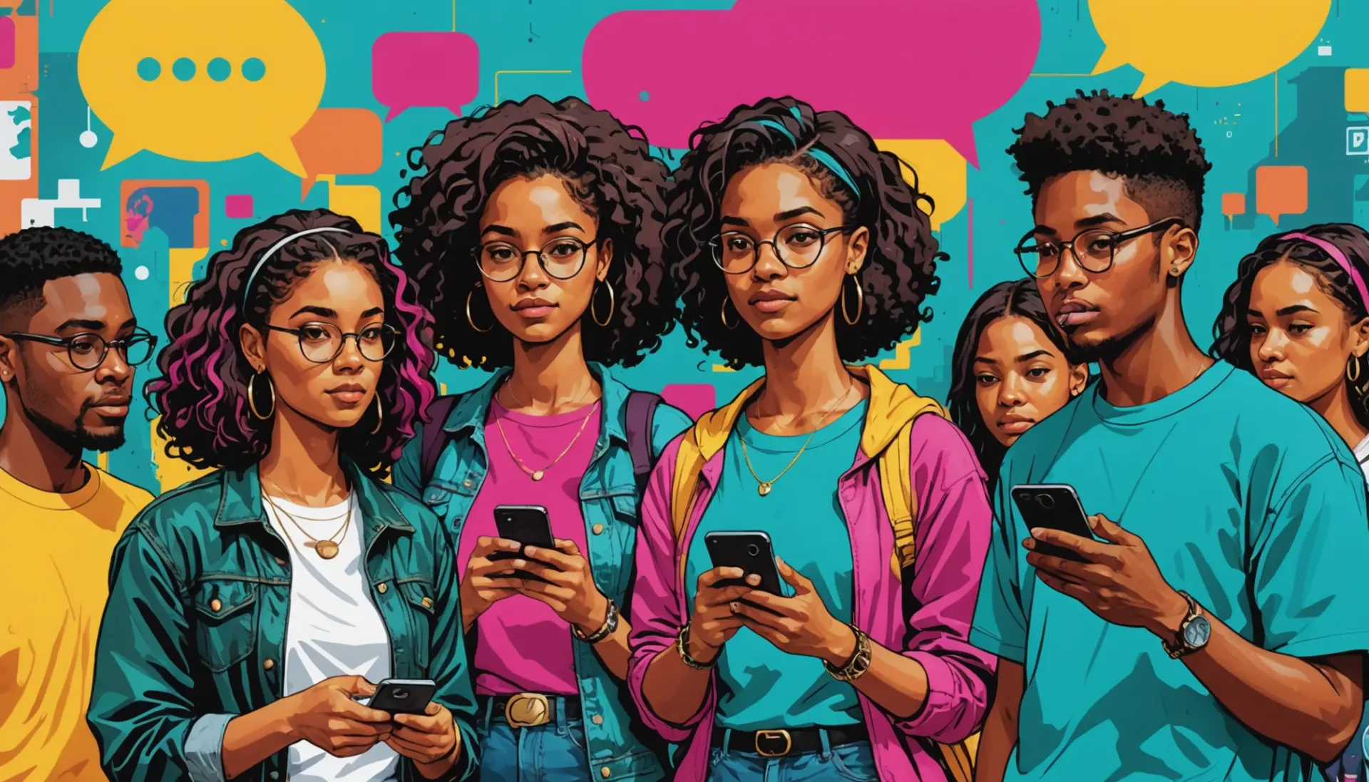 Editorial illustration about hn urban dictionary showing teens texting 'hn' and debate bubbles