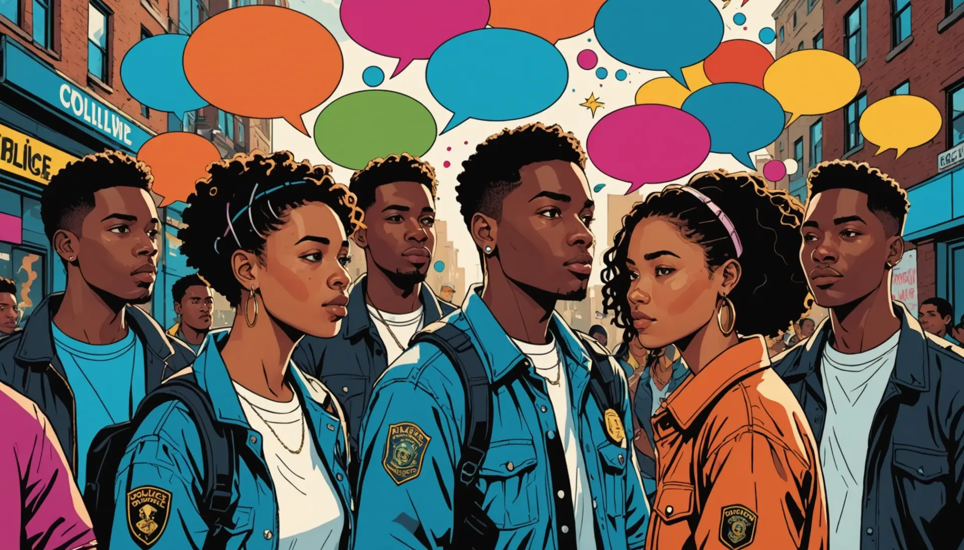 Editorial illustration showing people using terms for cops, in slang in speech bubbles