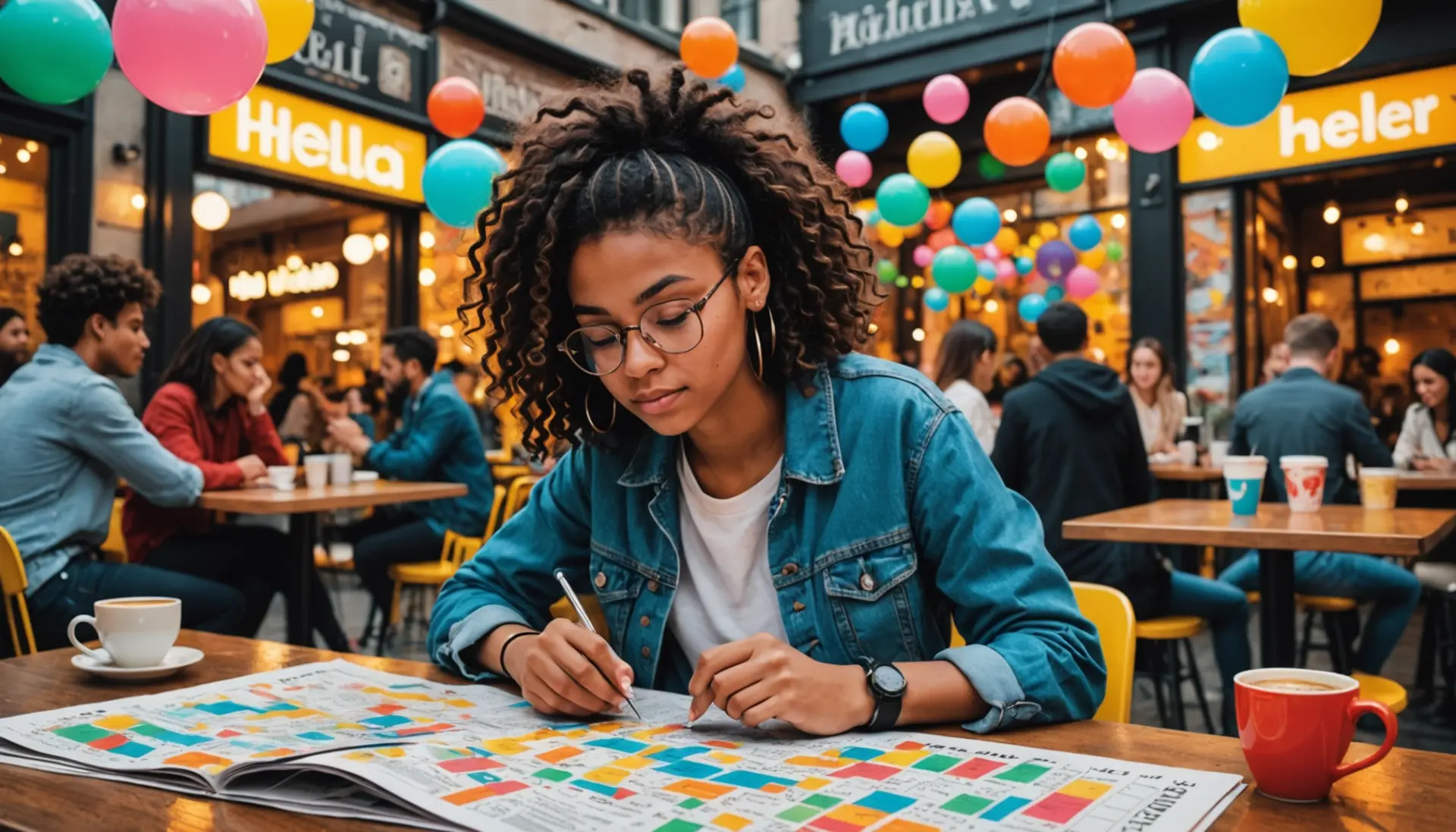Editorial illustration representing the phrase very in slang crossword clue with people solving a crossword and slang words floating