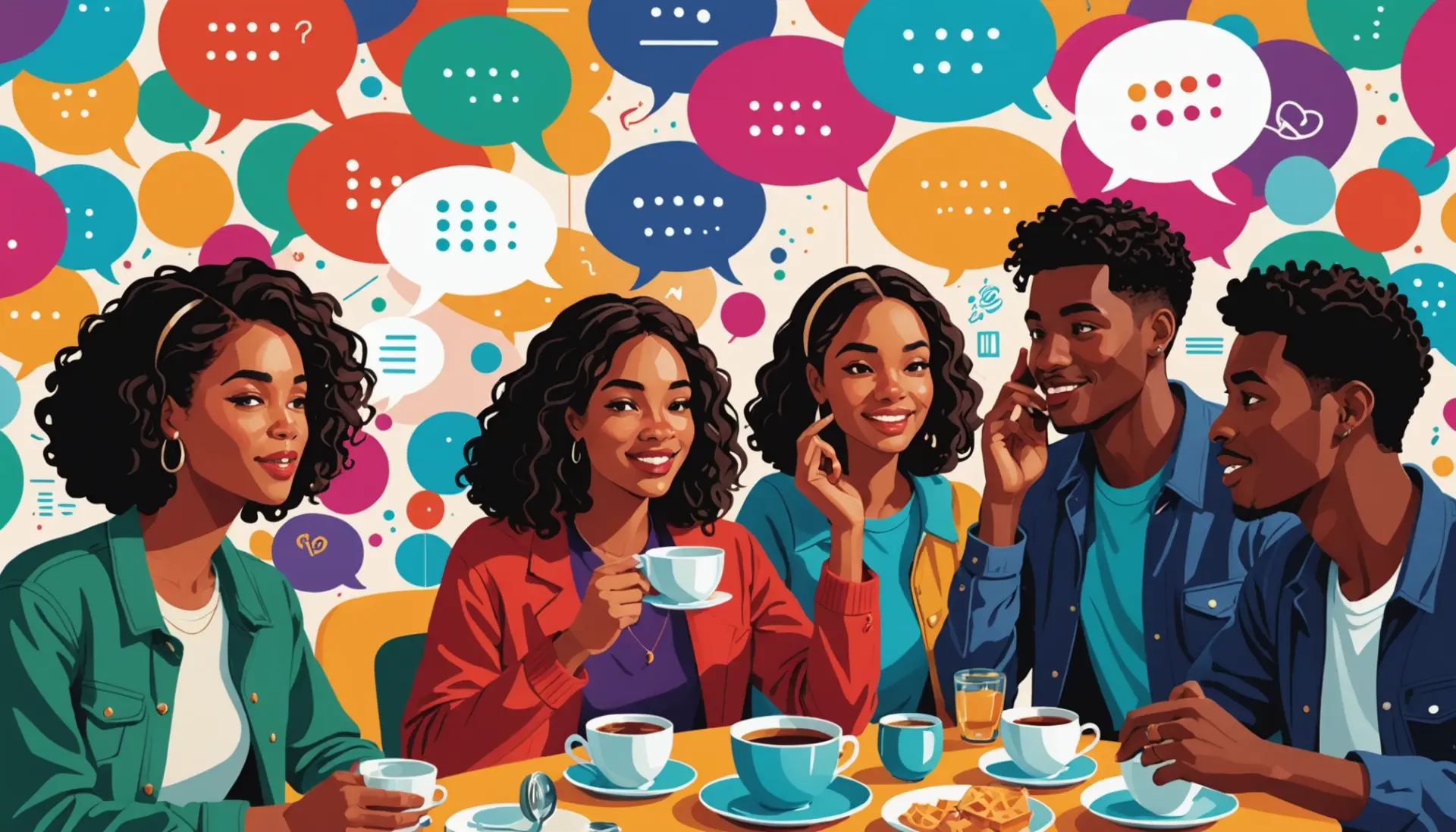 Editorial illustration showing people sharing gossip, with text bubble icons, representing gossip slang meaning