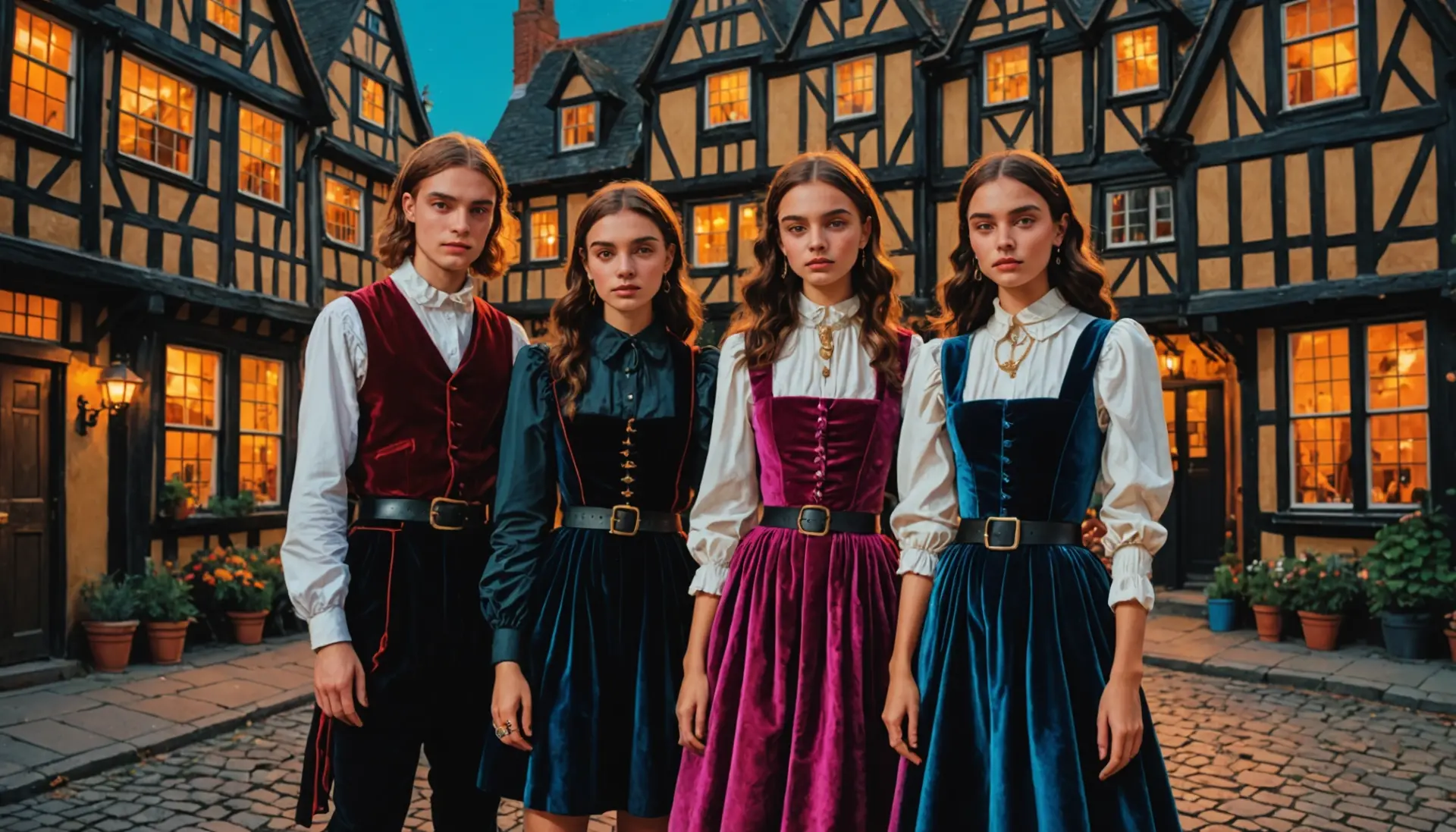 Editorial illustration of people in Tudor-inspired outfits with the phrase what does tudor mean implied in style