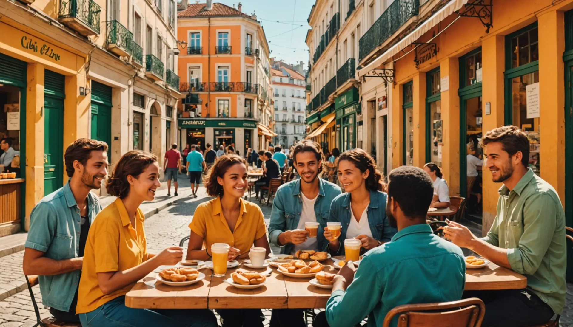 Illustration of people at a cafe with the phrase what is portuguese breakfast slang vibe