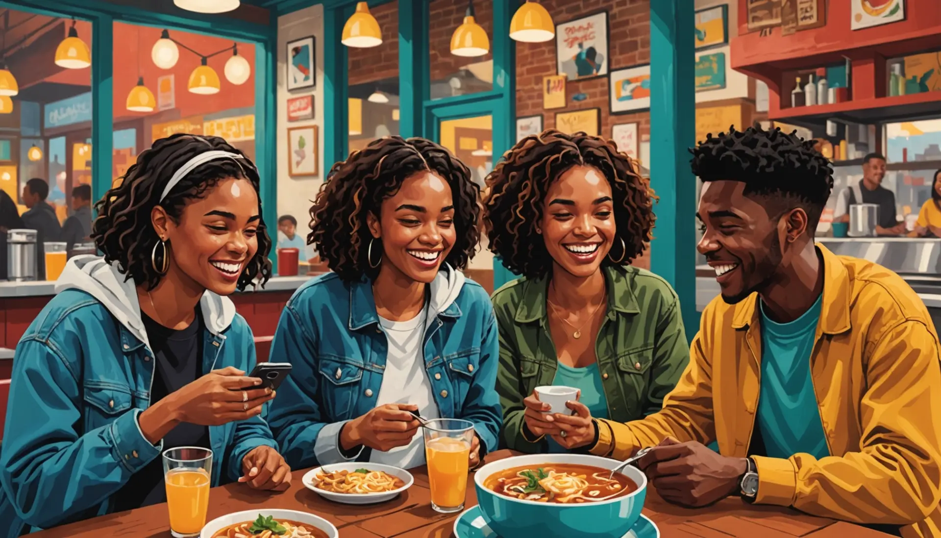 Editorial illustration showing friends sharing jokes, caption hinting at broth slang meaning