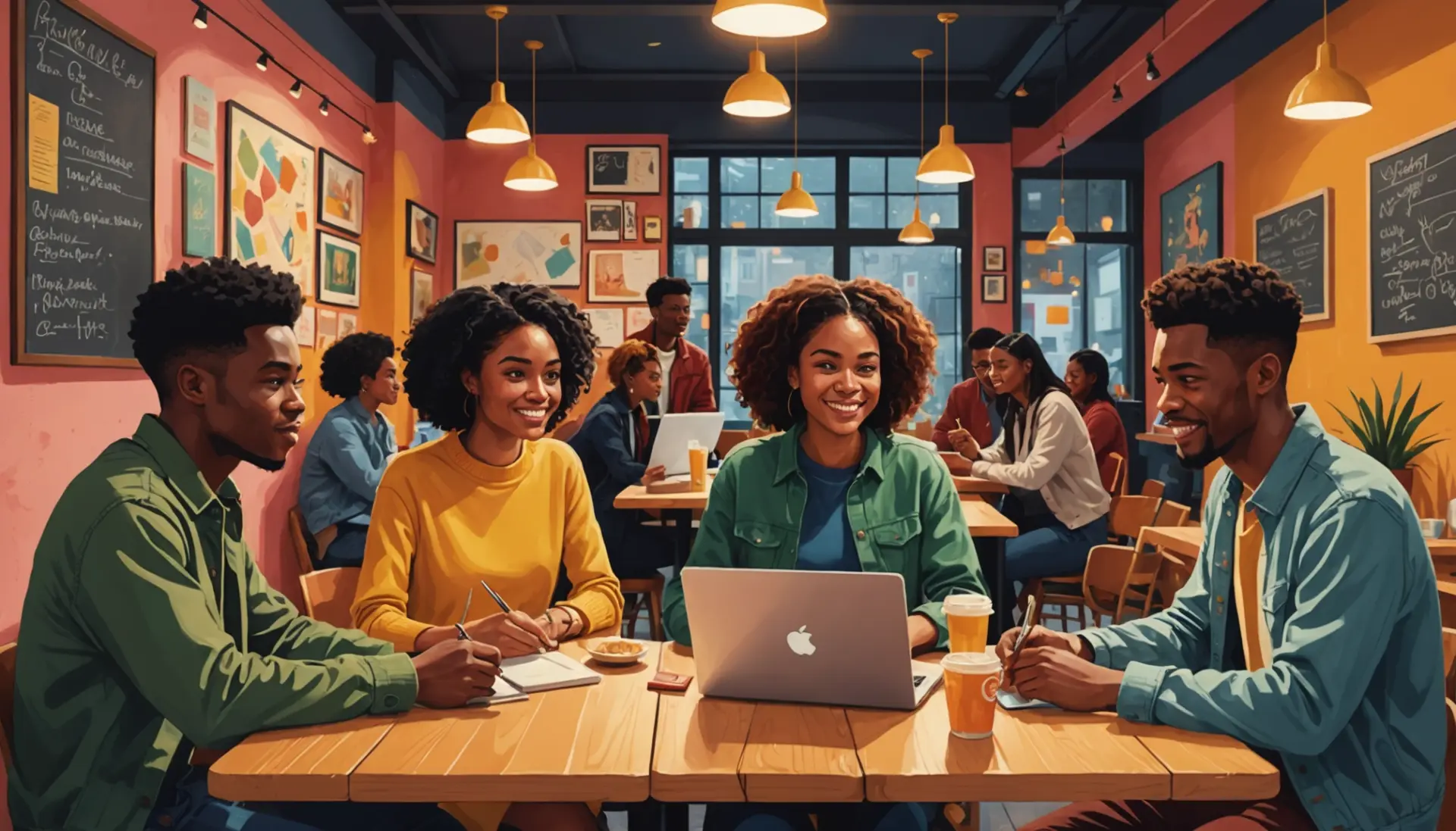 Editorial illustration of people discussing what does posit mean? in a lively cafe setting
