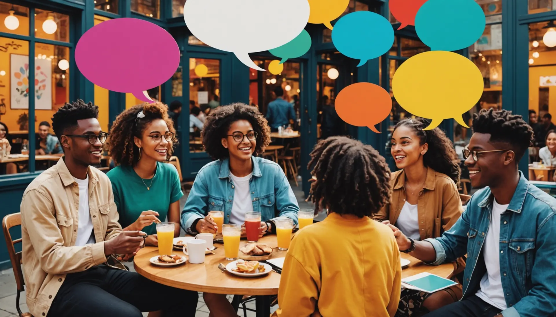 Editorial illustration showing people discussing ideas with speech bubbles and the phrase what does the word posit mean implied visually