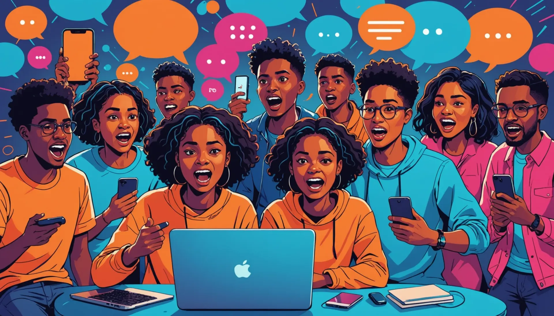 Editorial illustration of people reacting online with a malding meaning slang vibe
