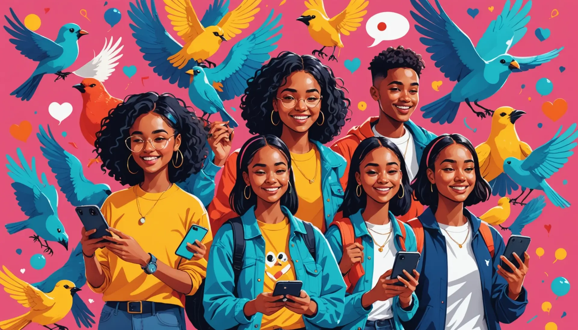 Editorial illustration of creators and birds with the phrase bird meaning slang tiktok in context