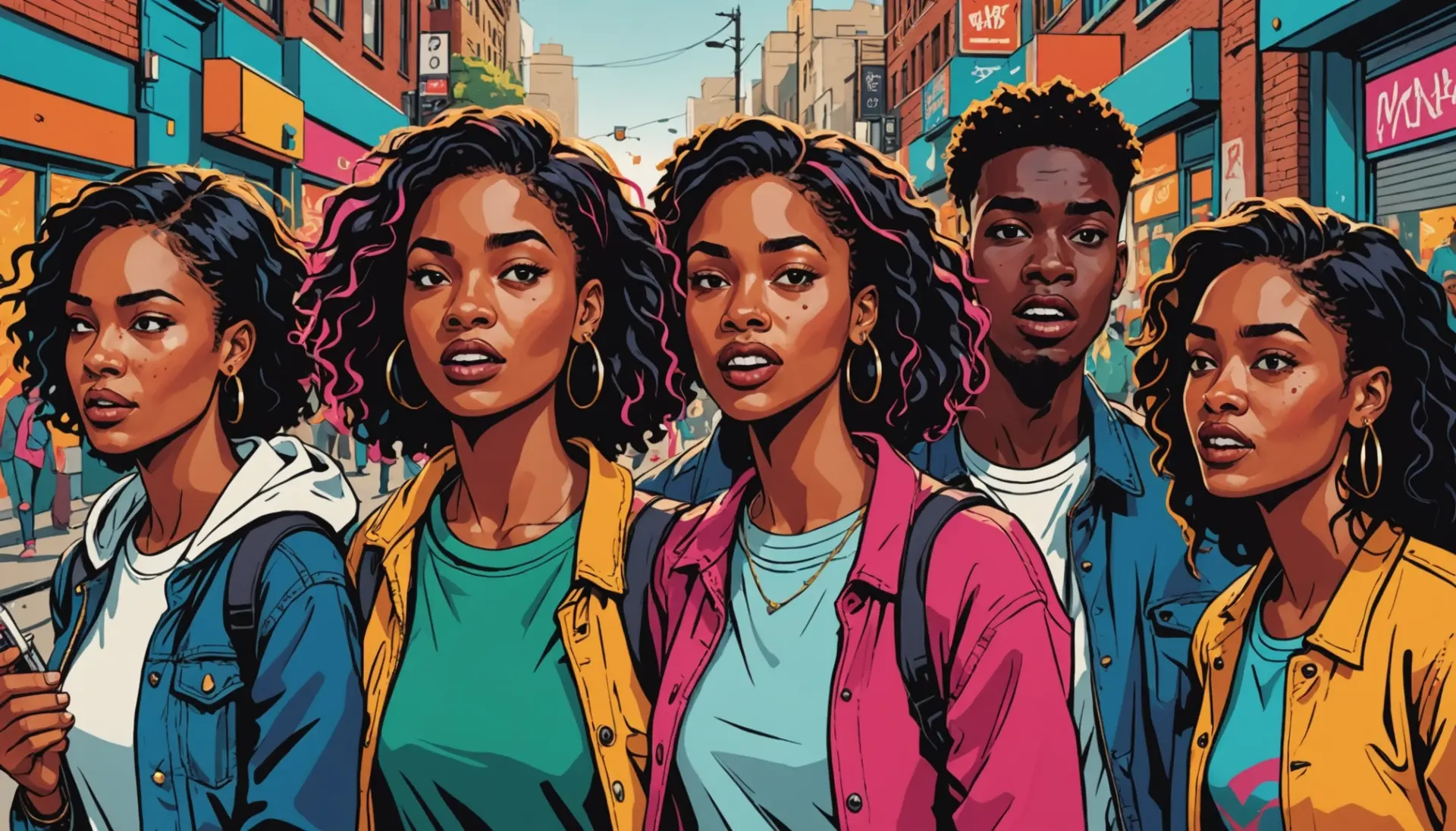Editorial illustration of people reacting to the phrase douche meaning slang in a city street scene
