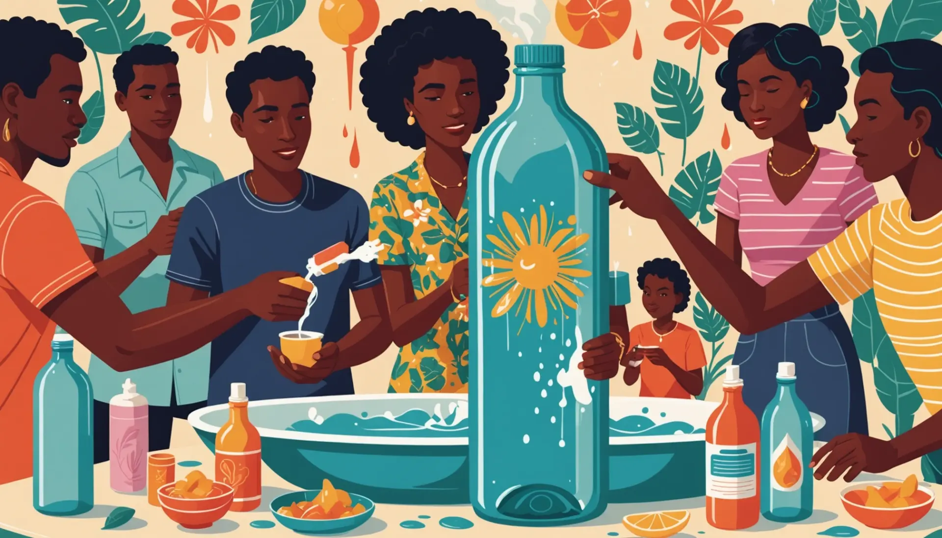 Editorial illustration of a bottle labeled Florida Water with people using it, showing florida water urban dictionary cultural uses