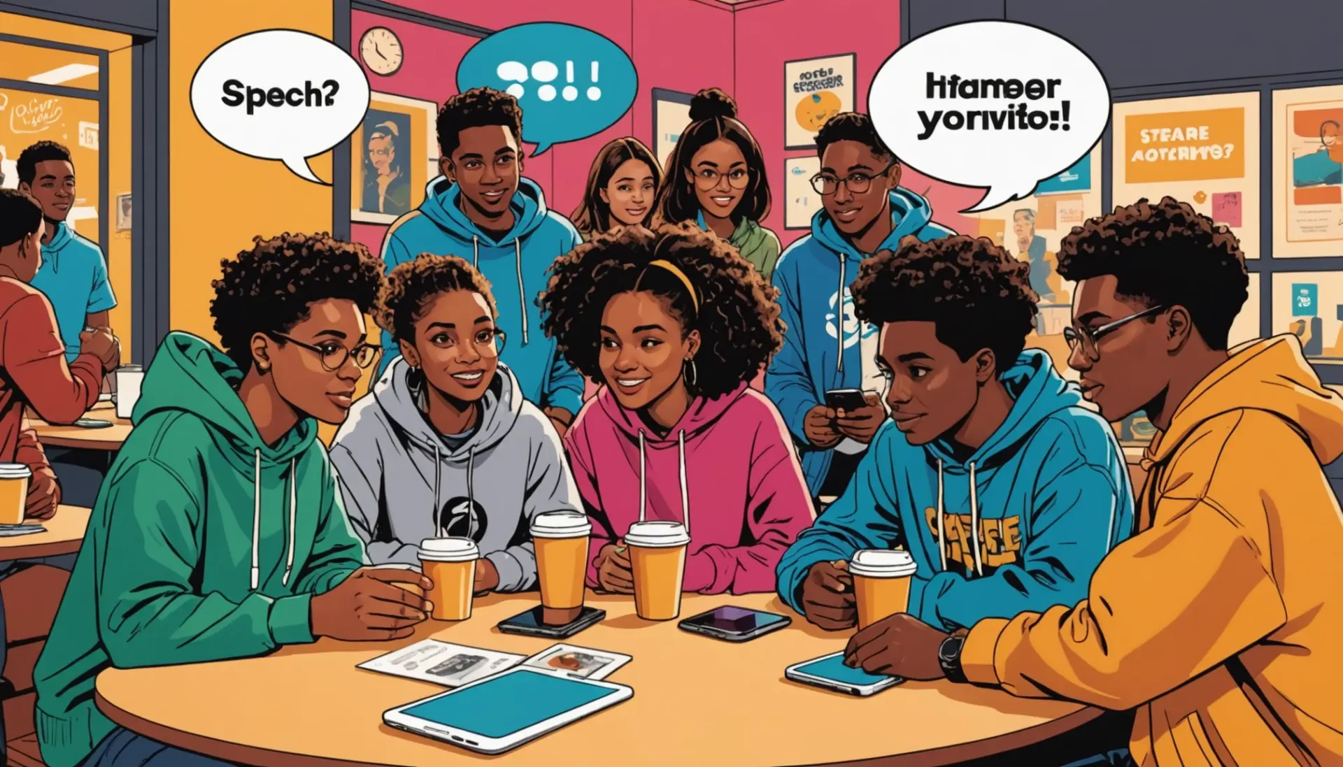 Editorial illustration of young people texting with speech bubbles, caption reads nothing, shows the phrase oml meaning slang vibe