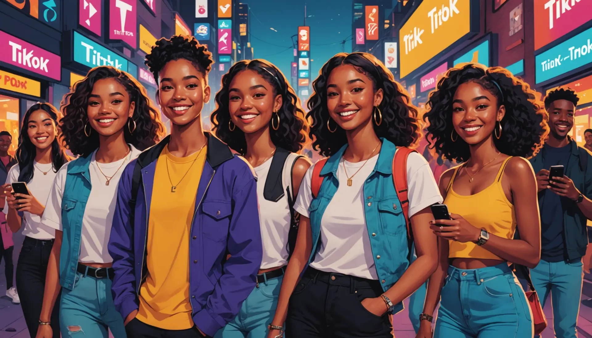 Editorial illustration showing young people depicting what is rizz in slang through confident body language