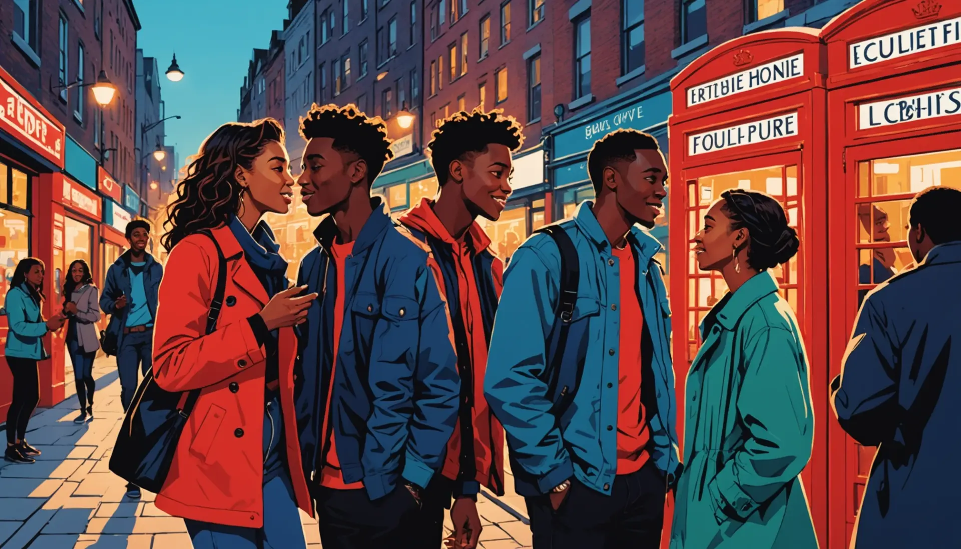 Editorial illustration showing young people sharing a kiss with the phrase kiss in british slang vibe