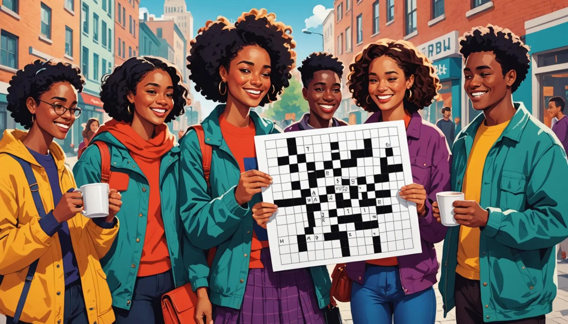 Editorial illustration showing people solving a crossword with the phrase kiss in british slang crossword highlighted