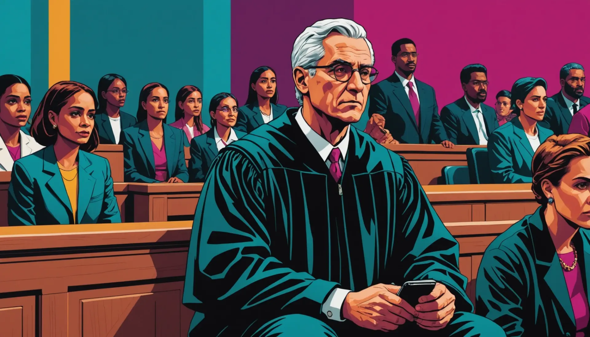 Editorial illustration showing a courtroom scene with a judge and a person in the dock, representing what does held in contempt mean