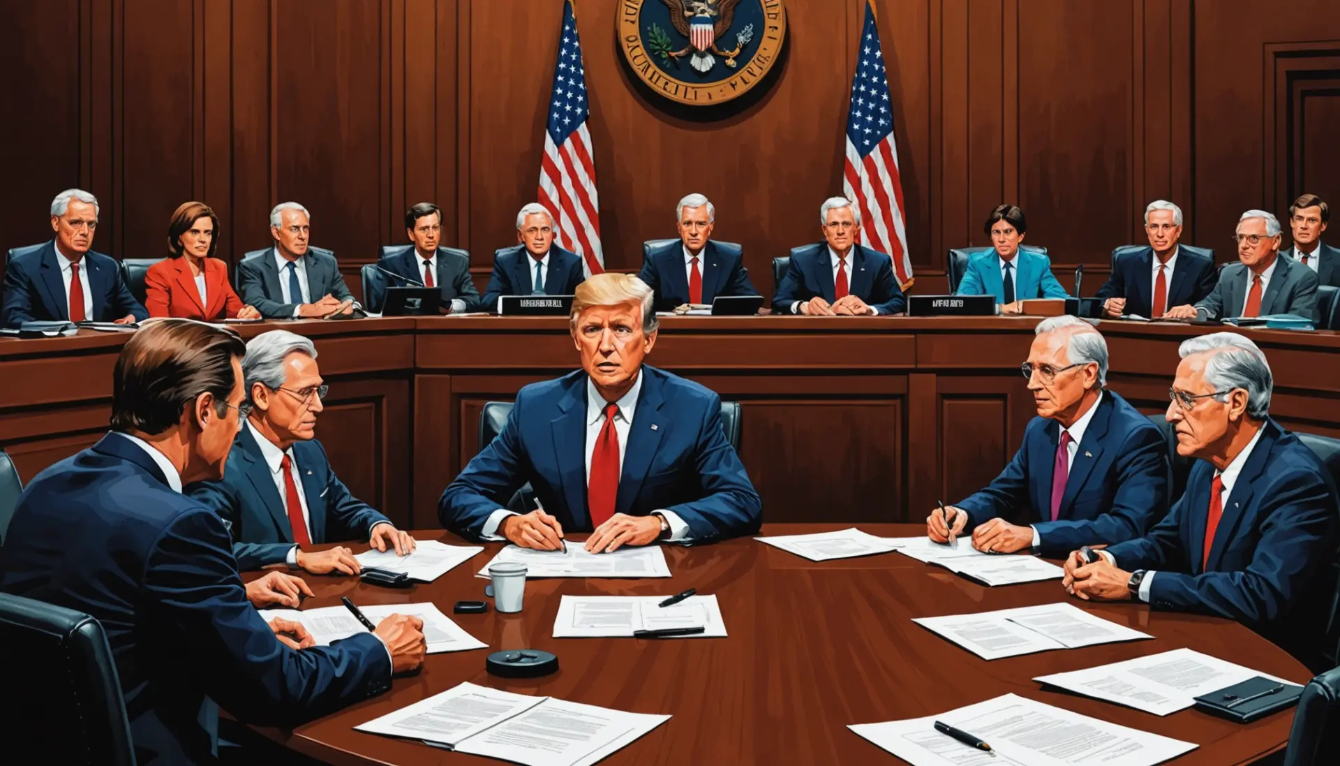 Editorial illustration showing a congressional hearing, with the phrase what does contempt of congress mean evoked visually