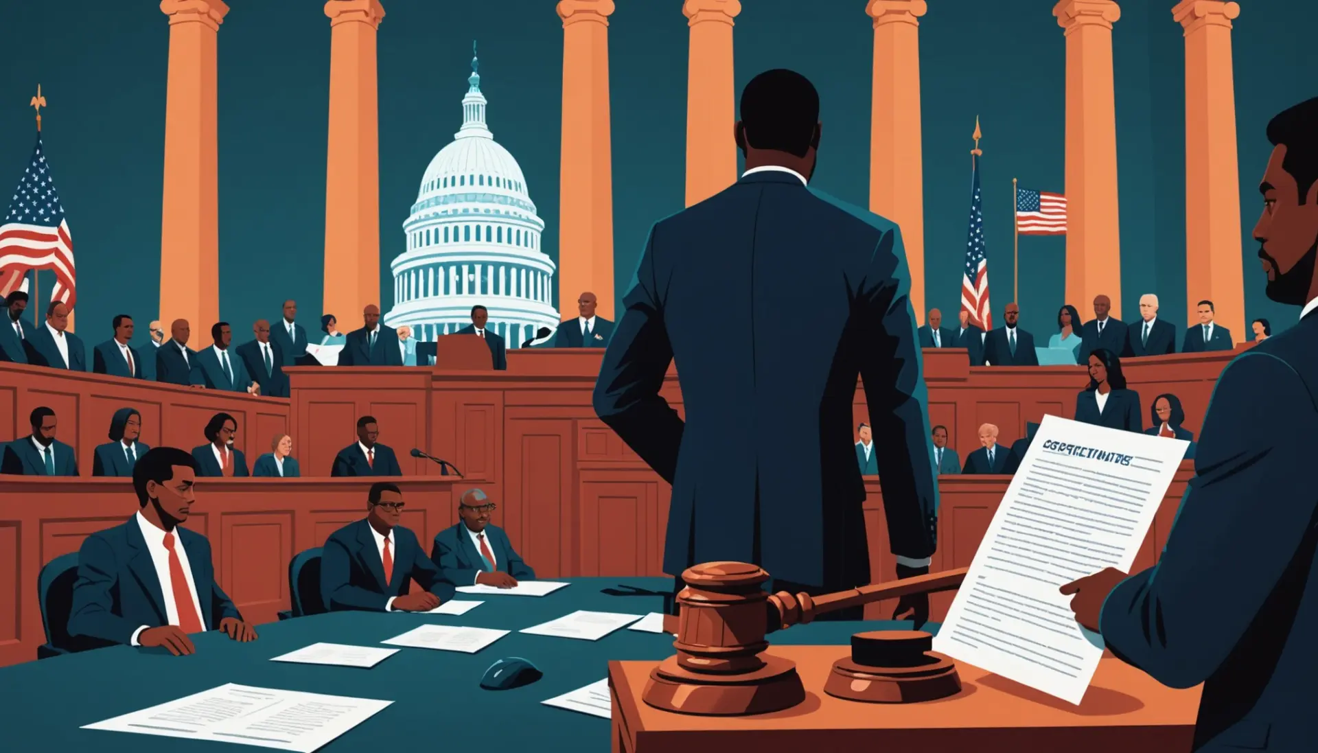 Editorial illustration showing a person and a judge's gavel with the phrase what does it mean to be held in contempt of congress implied