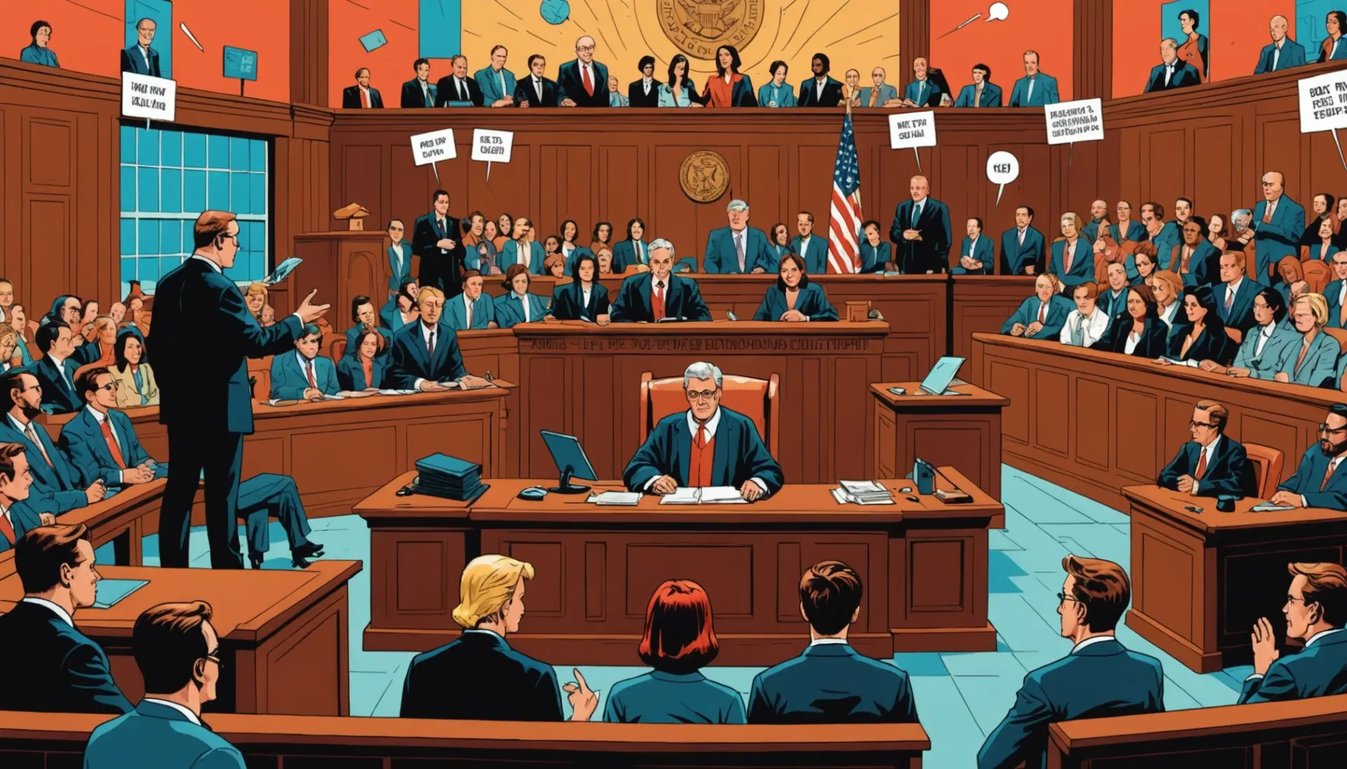 Editorial illustration depicting the phrase what does it mean to hold someone in contempt with a courtroom and social media iconography