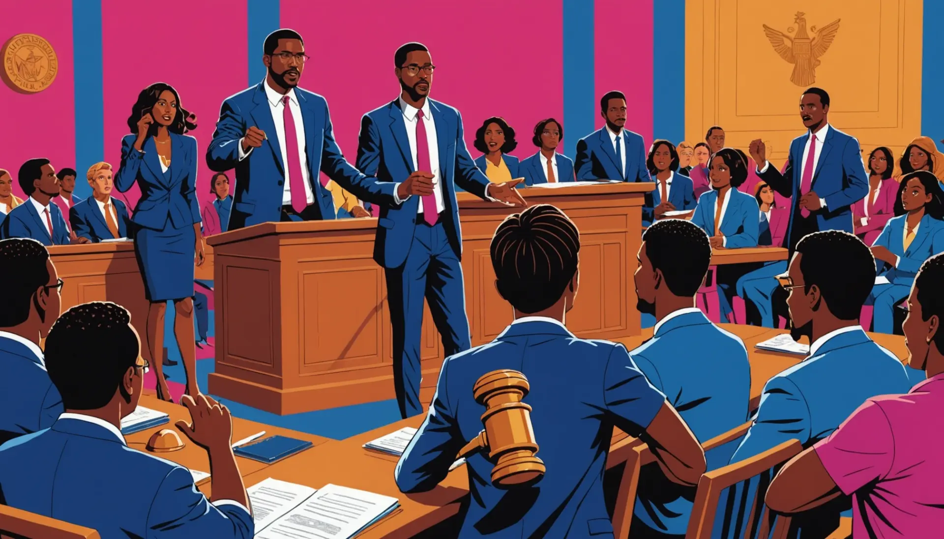 Editorial illustration showing a courtroom gavel and shocked onlookers, representing what does being held in contempt mean