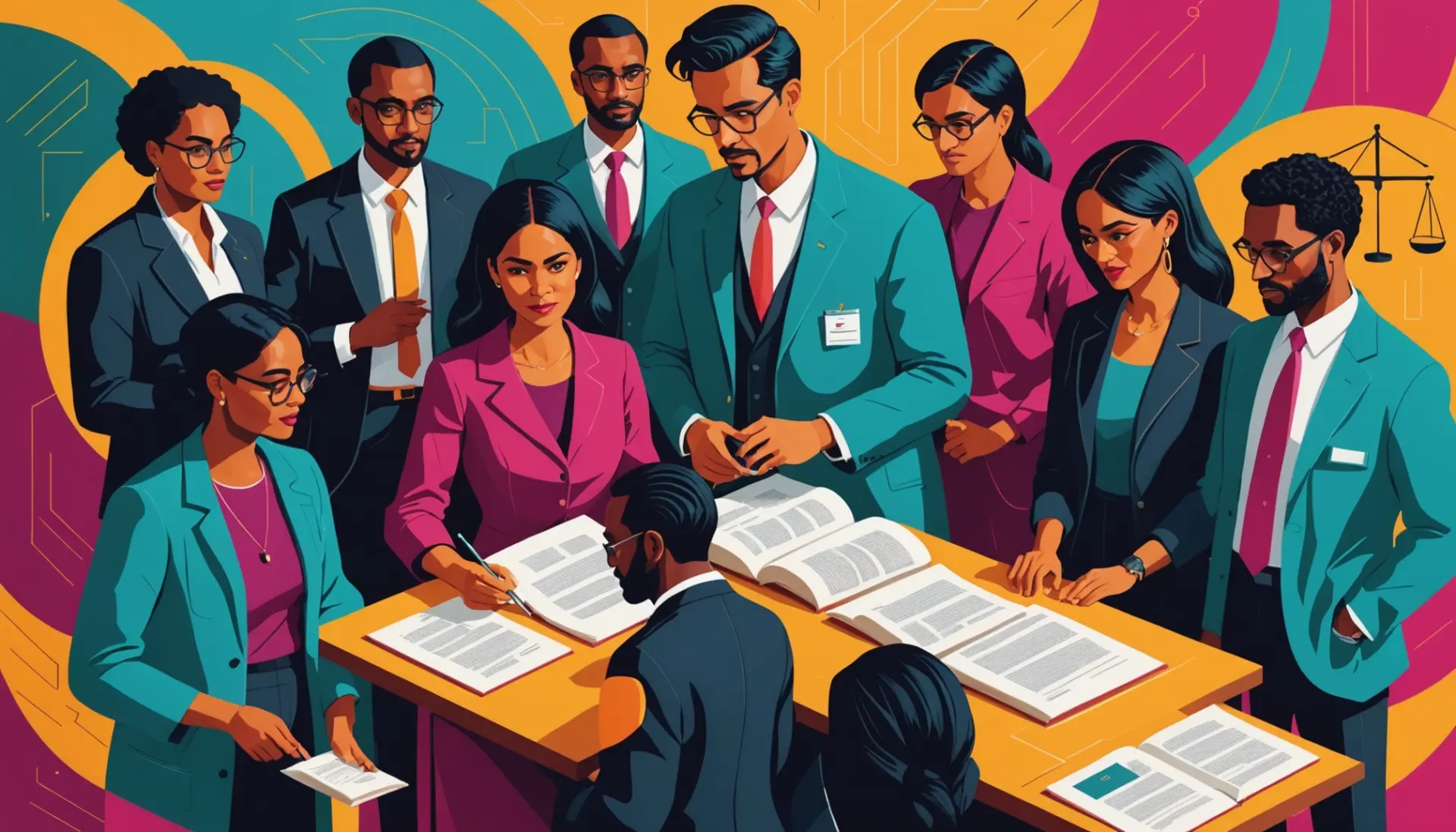 Editorial illustration showing professionals offering services pro bono, focusing on the phrase what does pro bono mean