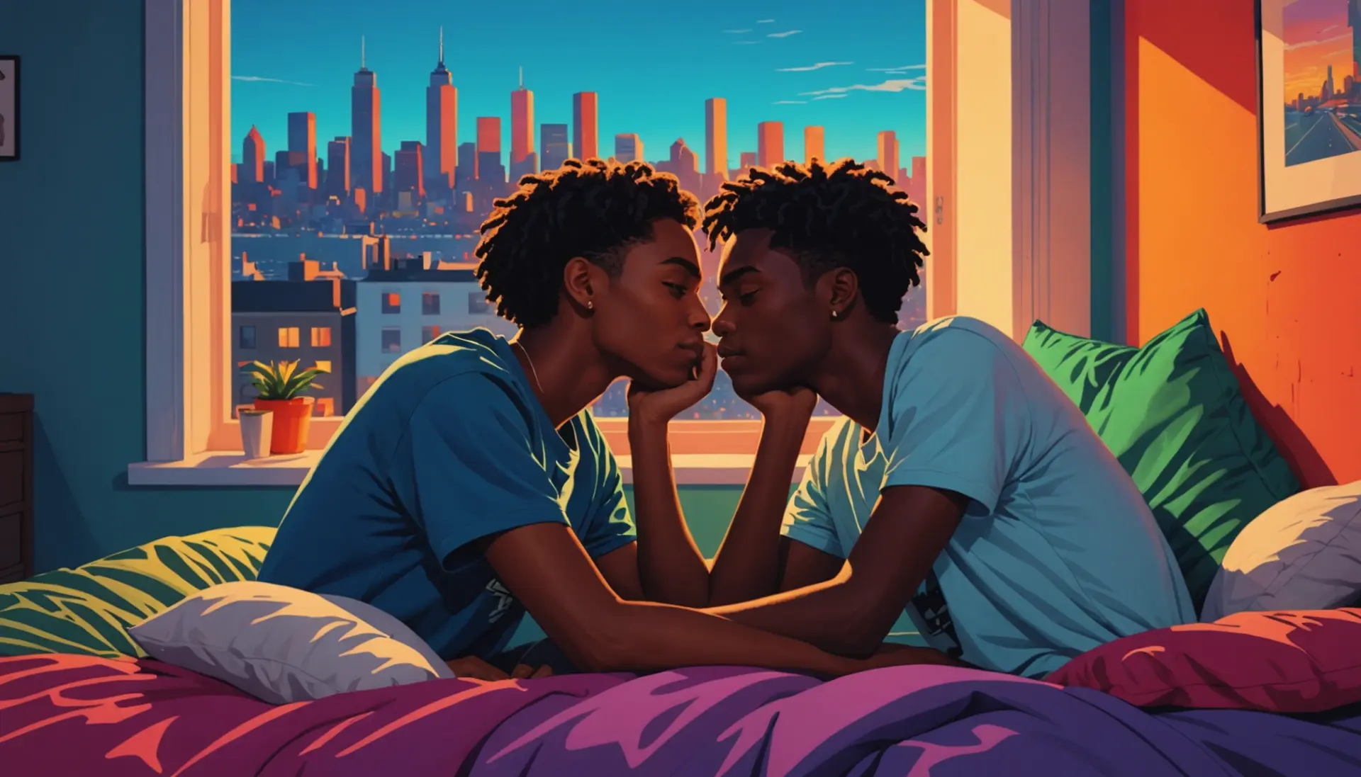 Editorial illustration showing a couple whispering on a bed, representing pillow talking meaning slang