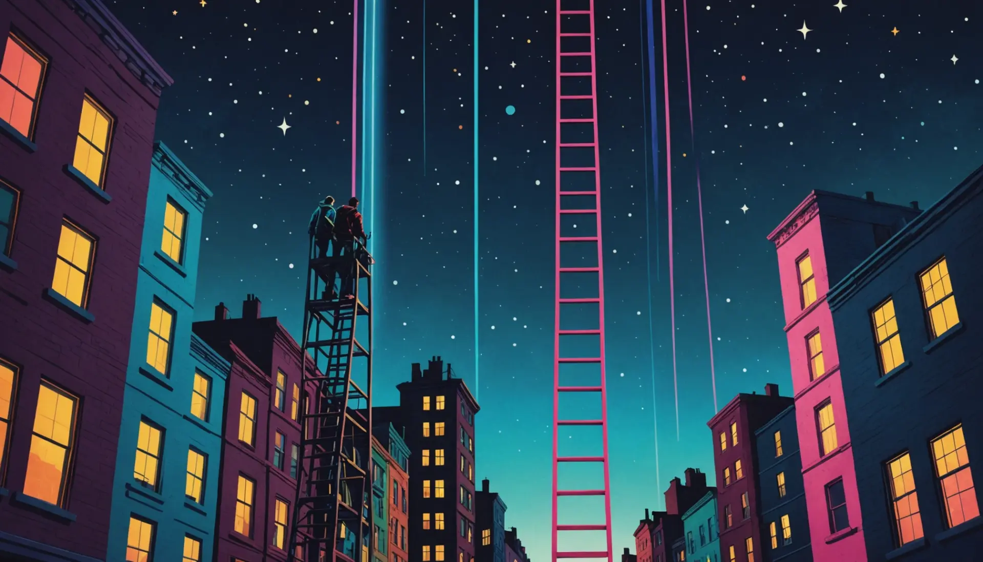 Editorial illustration showing a vivid, surreal ladder scene representing jacob's ladder meaning slang
