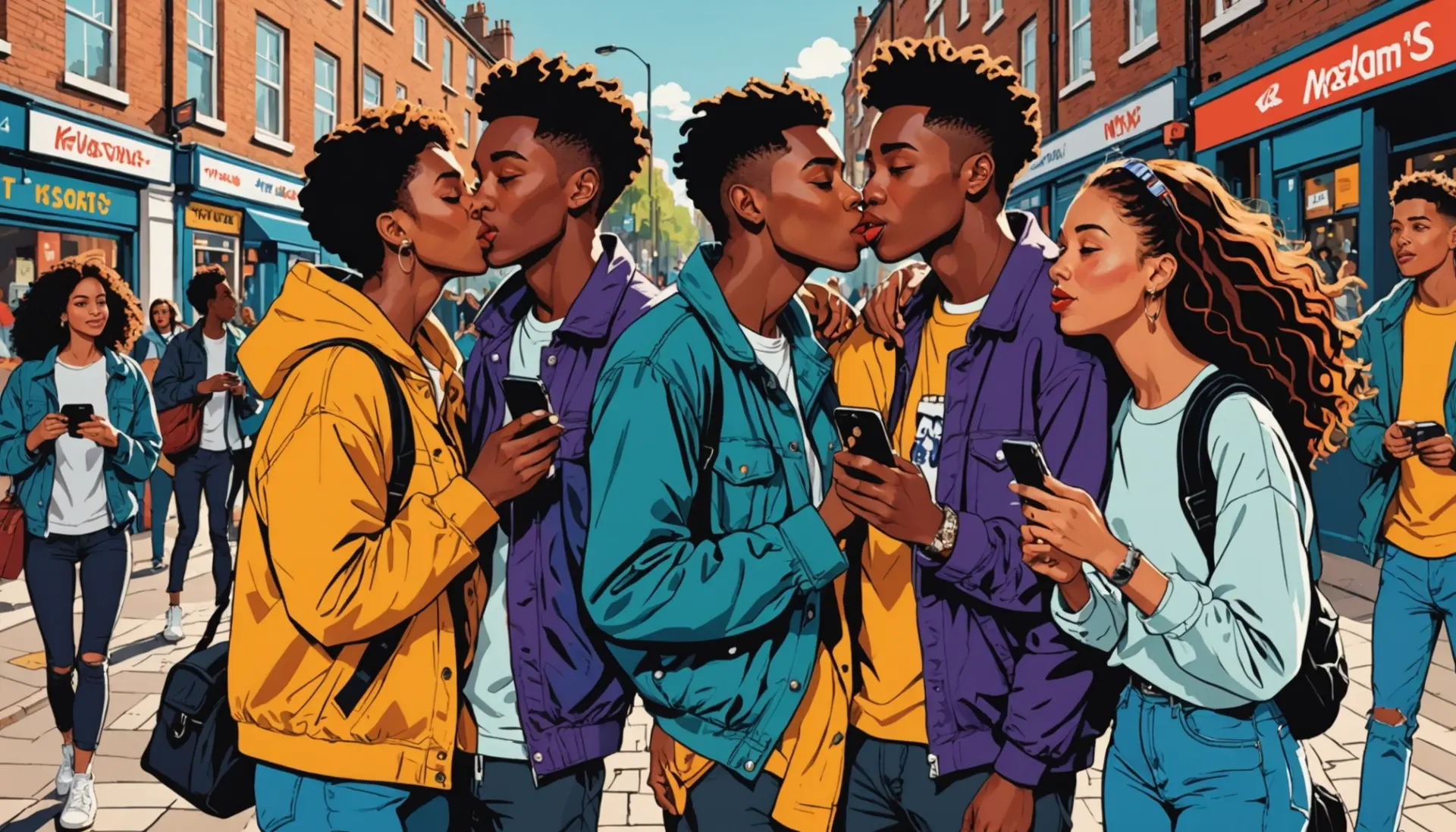 Vibrant editorial scene illustrating british slang for kiss with playful characters embodying snog and peck