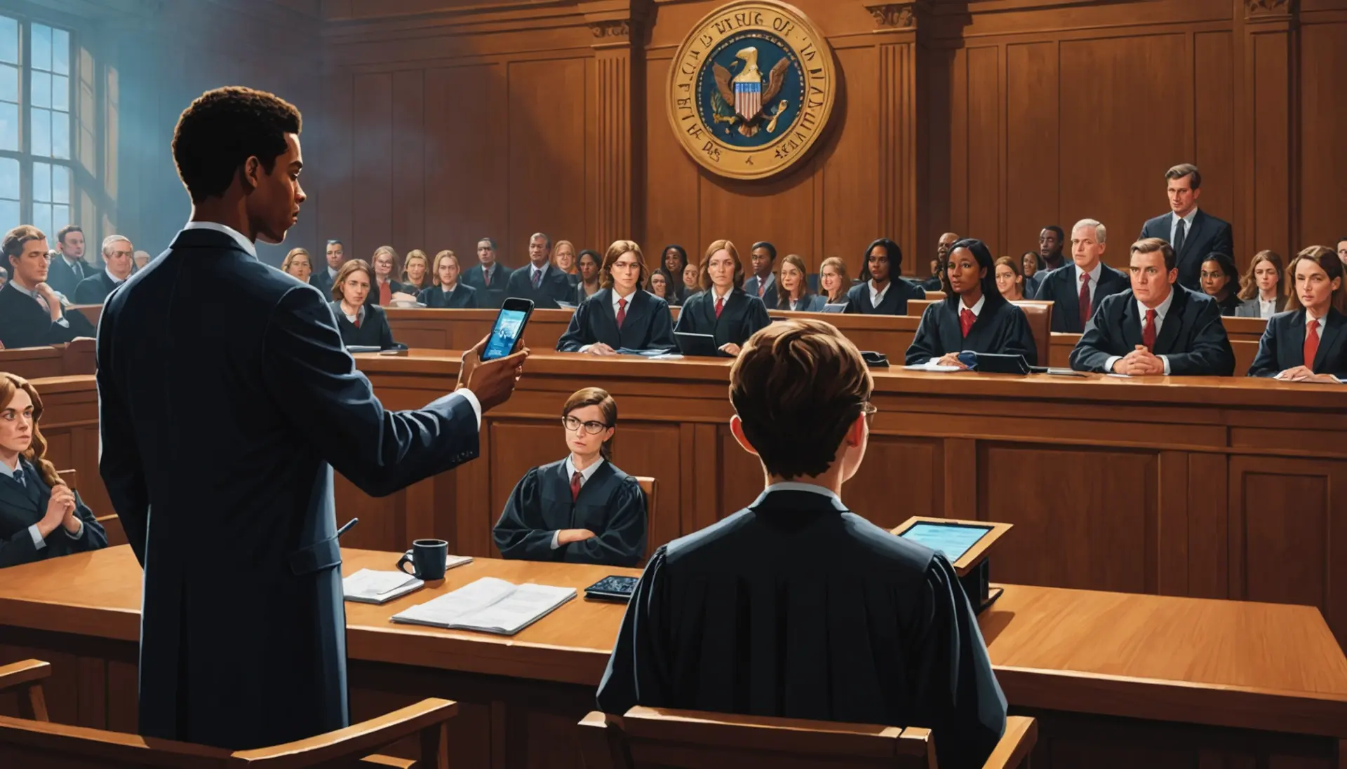 Editorial illustration showing people reacting to a courtroom scene with the phrase what does it mean to be held in contempt visually implied
