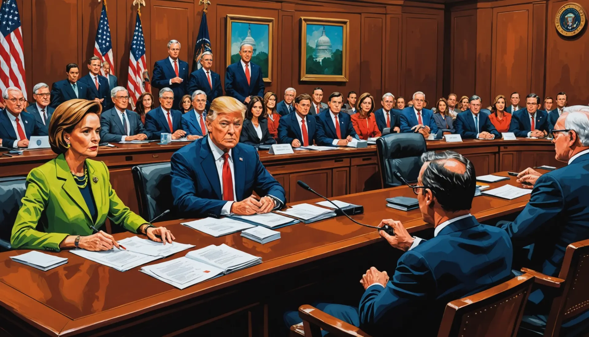Editorial illustration showing a congressional hearing with the phrase what does being held in contempt of congress mean implied visually