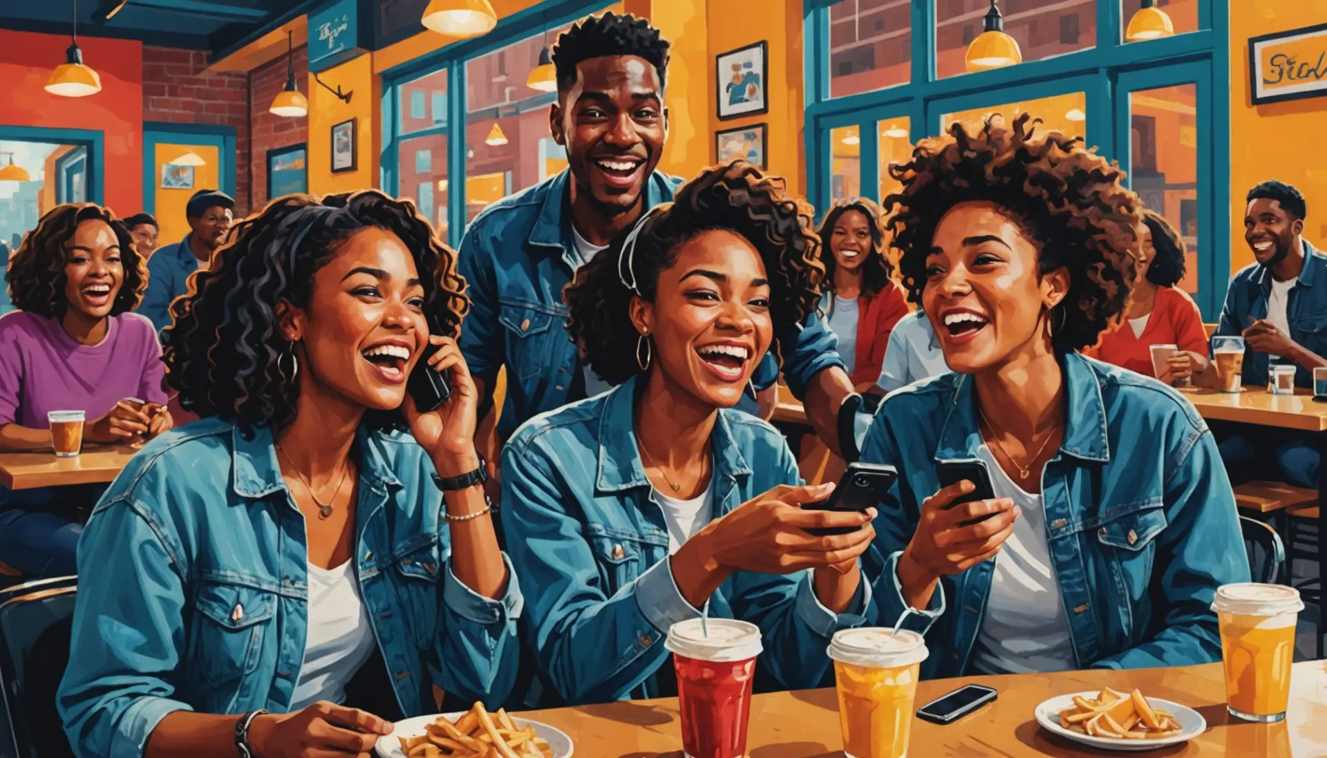 Editorial illustration showing people reacting and checking phones, concept for chimping out meaning urban dictionary