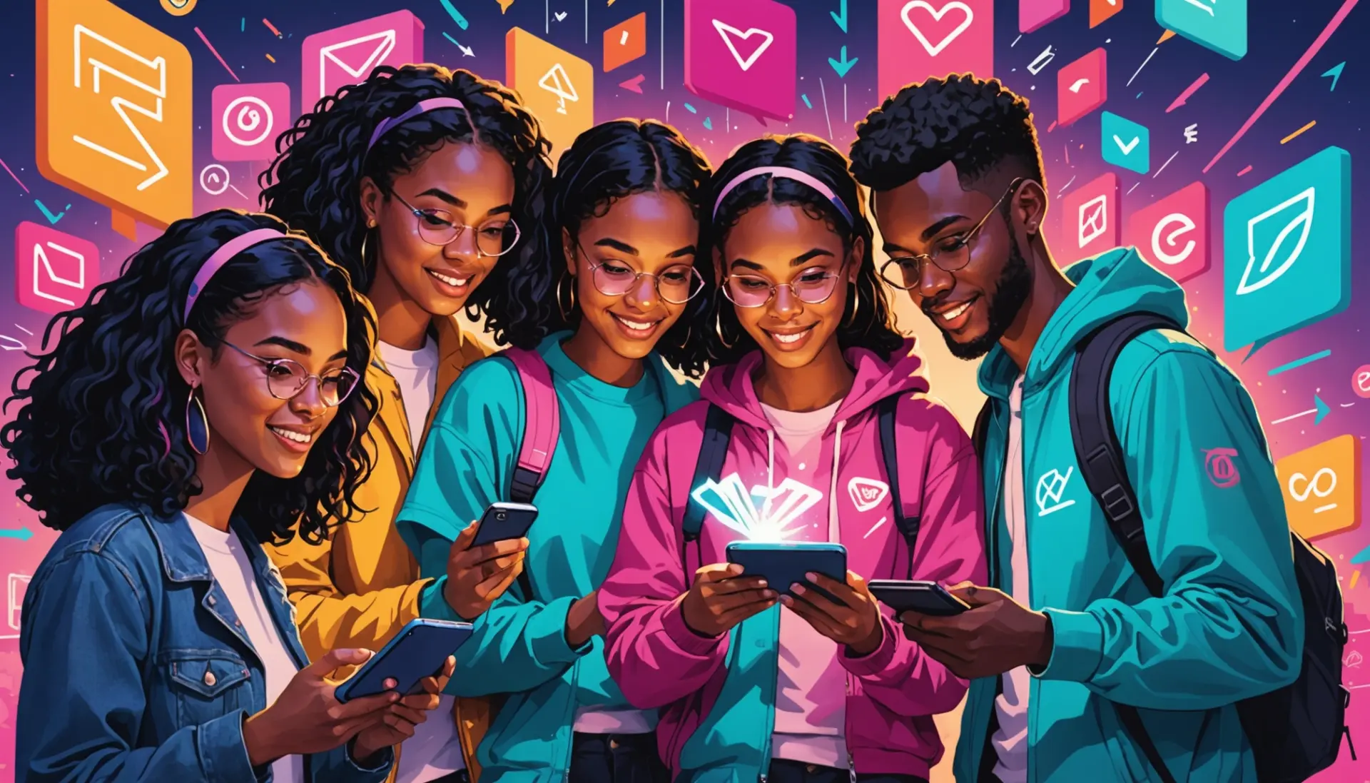Editorial illustration of people crafting an online persona labeled urban dictionary aura farming