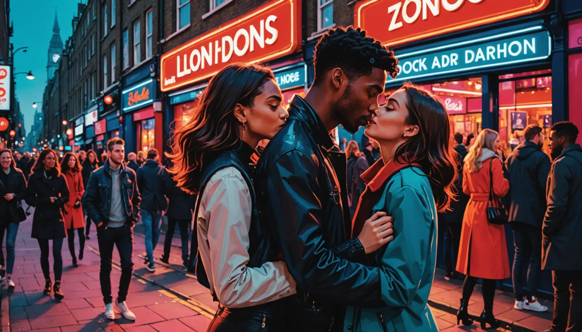 Editorial illustration showing young people sharing a snog and a peck, caption-free, representing kiss in british slang