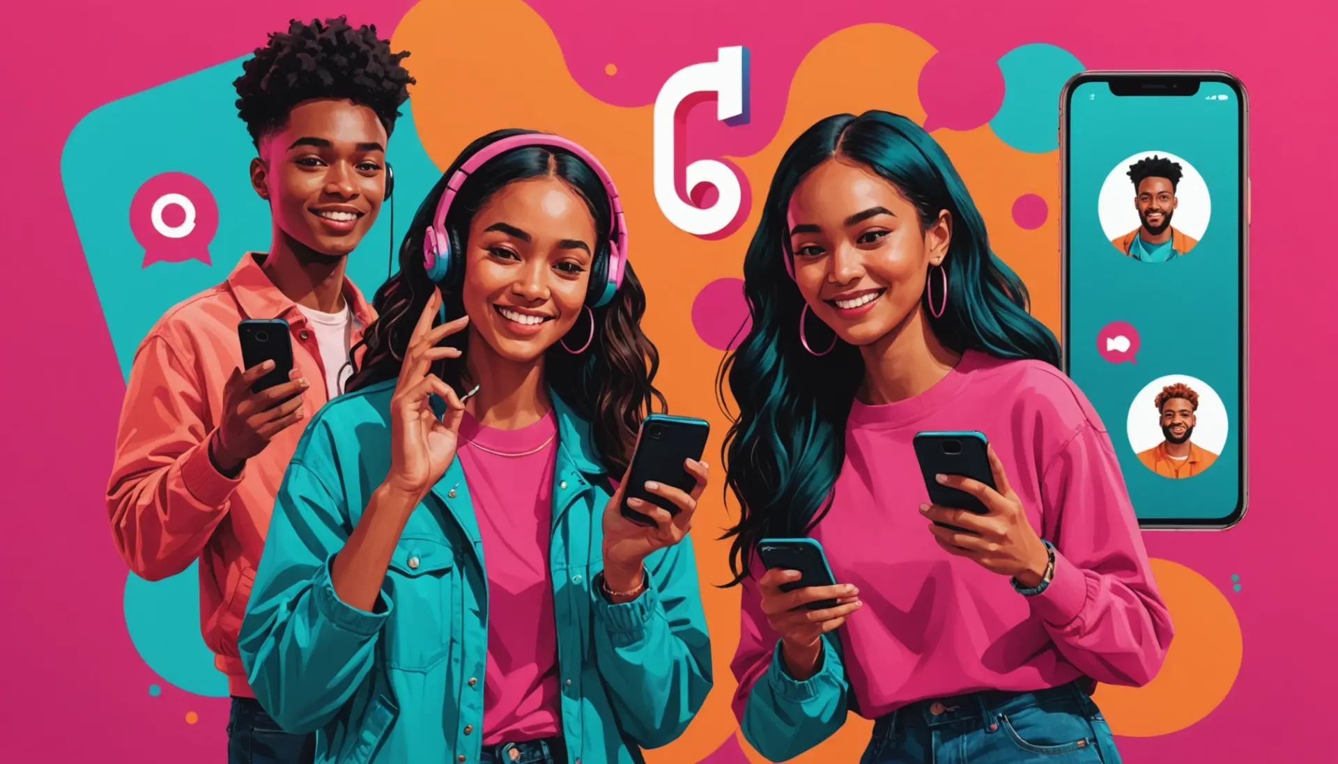 Illustration showing people learning how to call on tiktok with phones and live icons